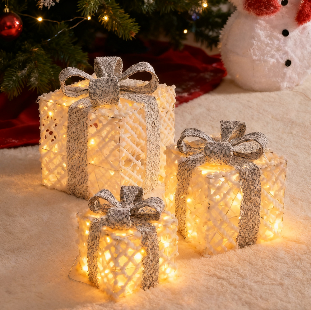 Lot De 3 Boîtes Cadeaux Lumineuses LED Pour Noël - Tailles S/M/L, 50 LED Au Total - 8 Modes D'éclairage, Télécommande - Décoration Intérieur/extérieur
