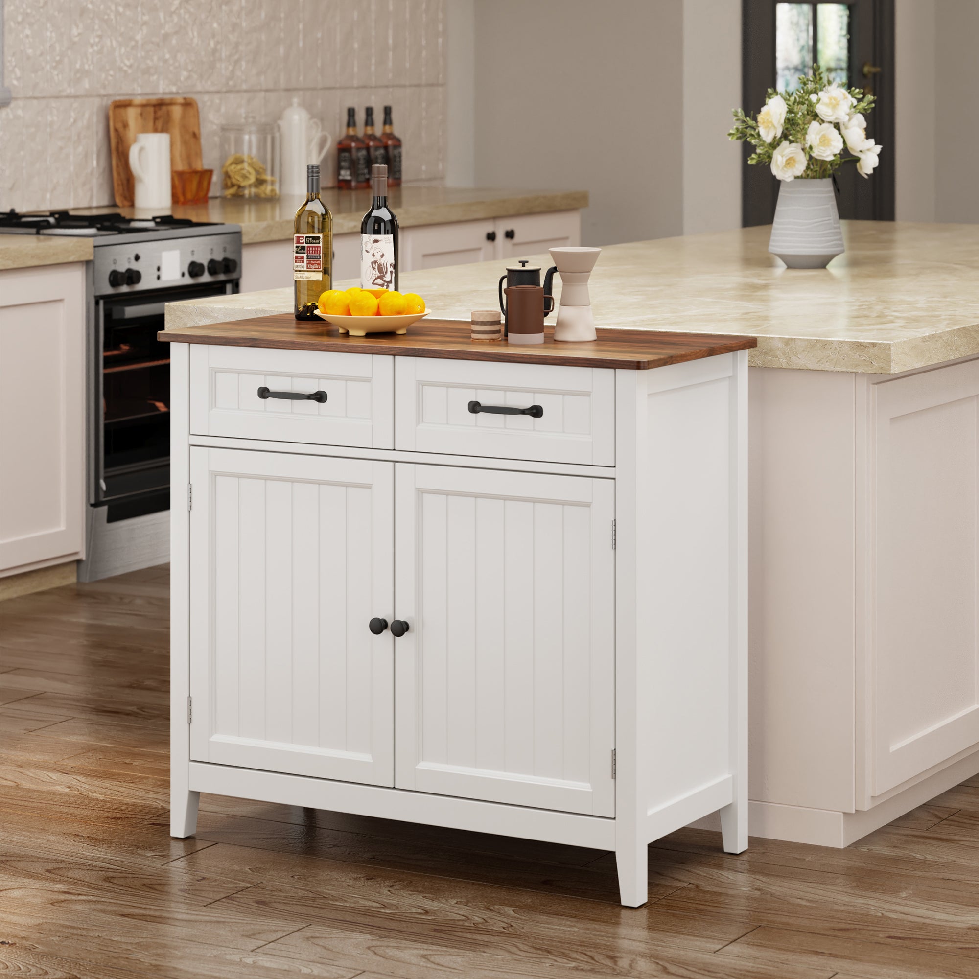 Buffet Meuble de Rangement en MDF - 2 Tiroirs, 2 Portes et Étagère Réglable avec Plateau Marron Bealife - 8