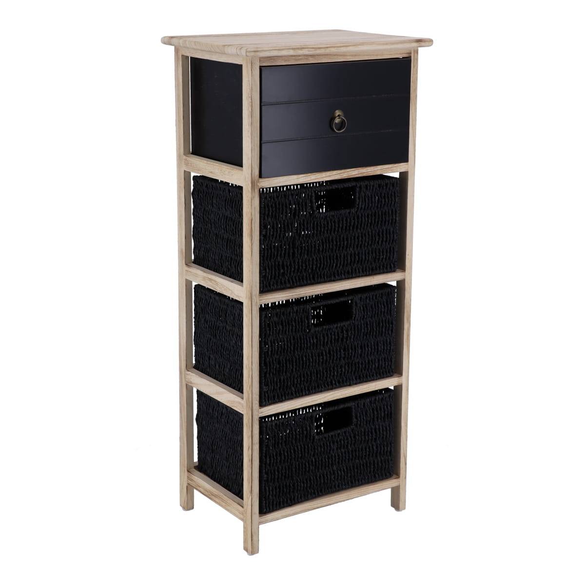 Mobiletto Con 1 Cassetto E 3 Cestini In Legno Di Paulownia E MDF – Bianco, Dimensioni 35x27x73,5 Cm, Per Soggiorno, Camera E Ufficio