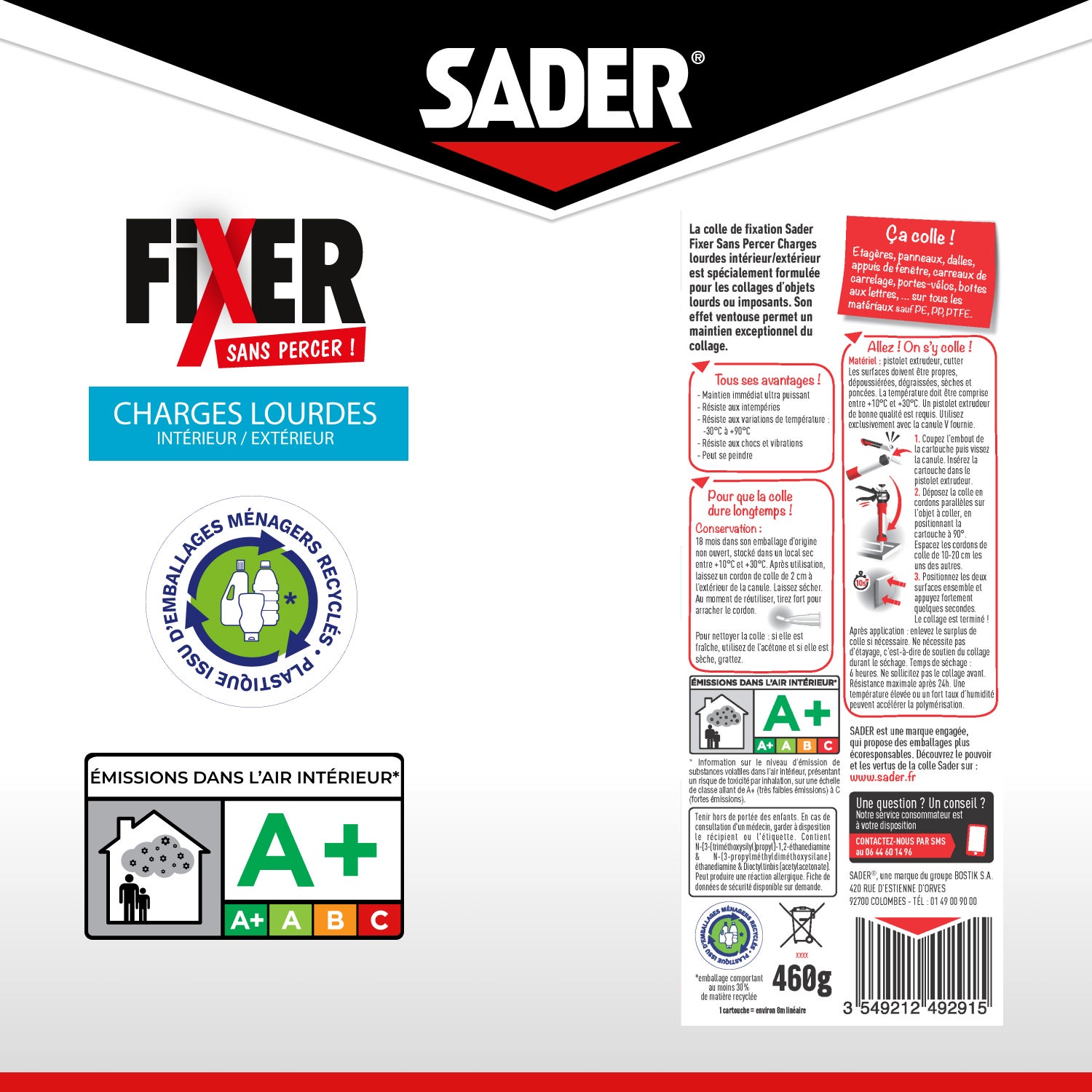 Sader Fixer Sans Percer Charges Lourdes - Mastic Colle pour Tous Matériaux - Maintien Immédiat Ultra Puissant- Intérieur / Extérieur- Cartouche 460g - 5