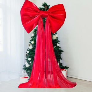 Fiocco Di Natale Grande In Velluto Rosso - Decorazione Per Albero, Scale, Porte, Feste (30x54 Cm)