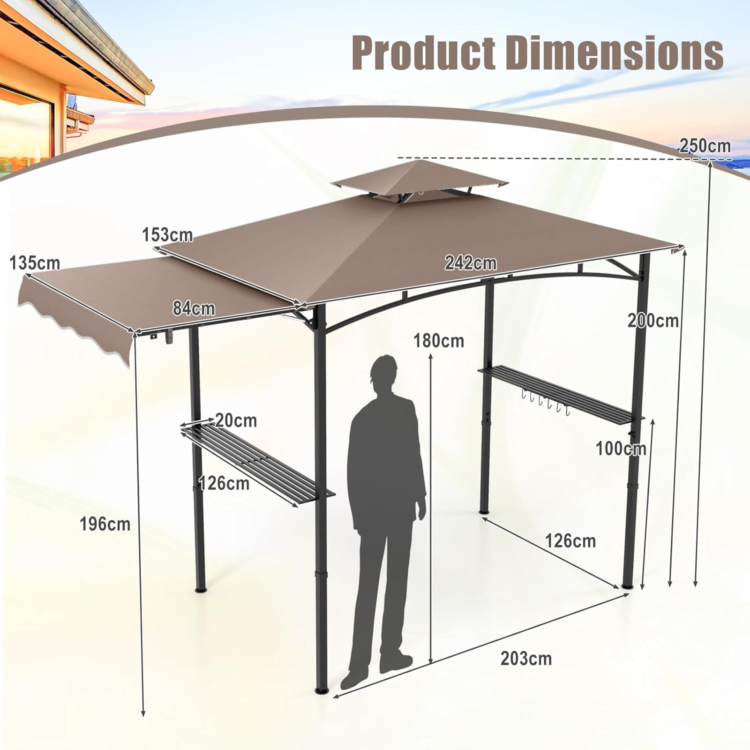Tonnelle pour Barbecue avec Auvent Latéral, Abri Barbecue Extérieur avec Dessus à 2 Niveaux, Crochets, pour Jardin, Cour (242+84x153x250CM|Brun) - 2