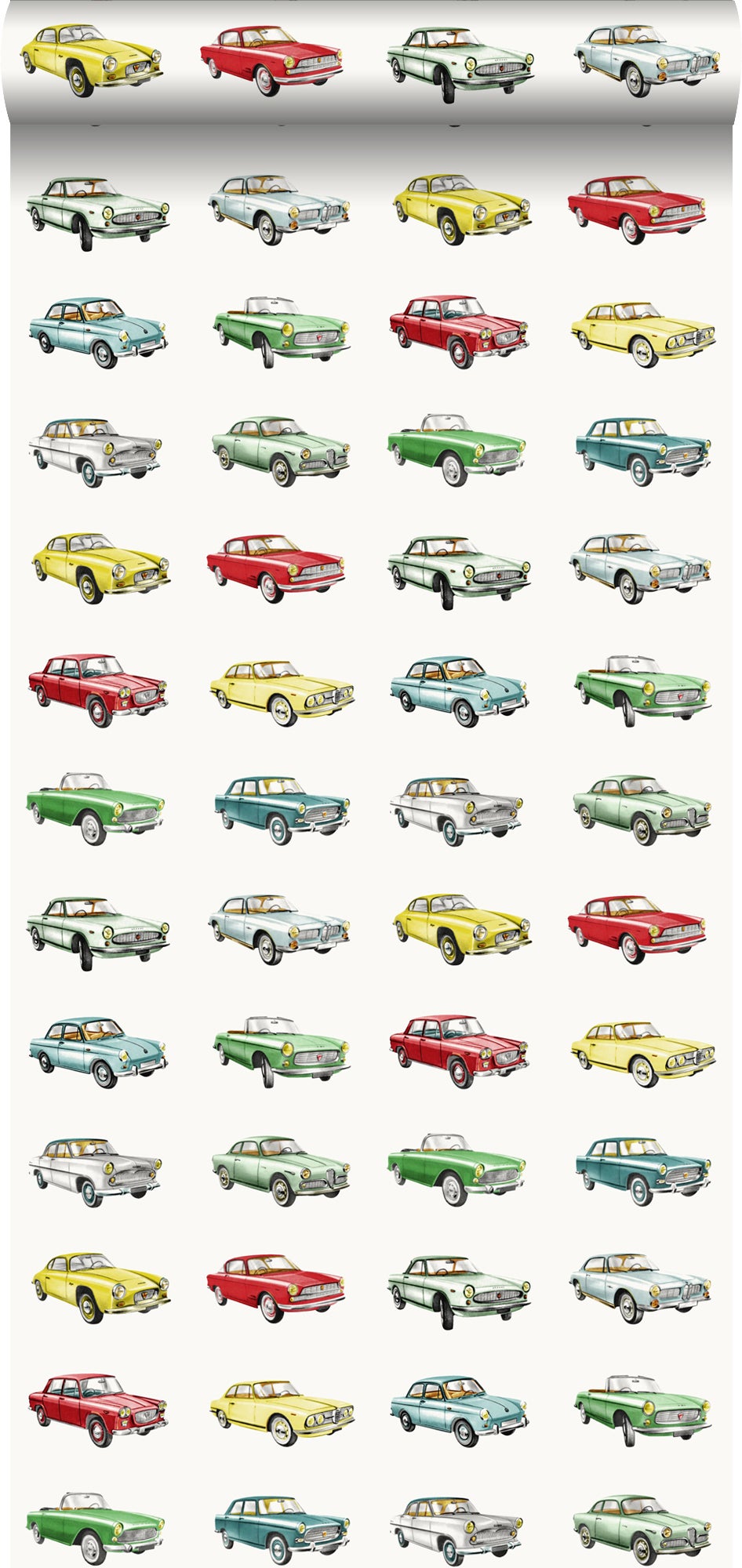 Papel pintado coches antiguos vinatge rojo, amarillo y verde - 53 cm x 10,05 m - estahome