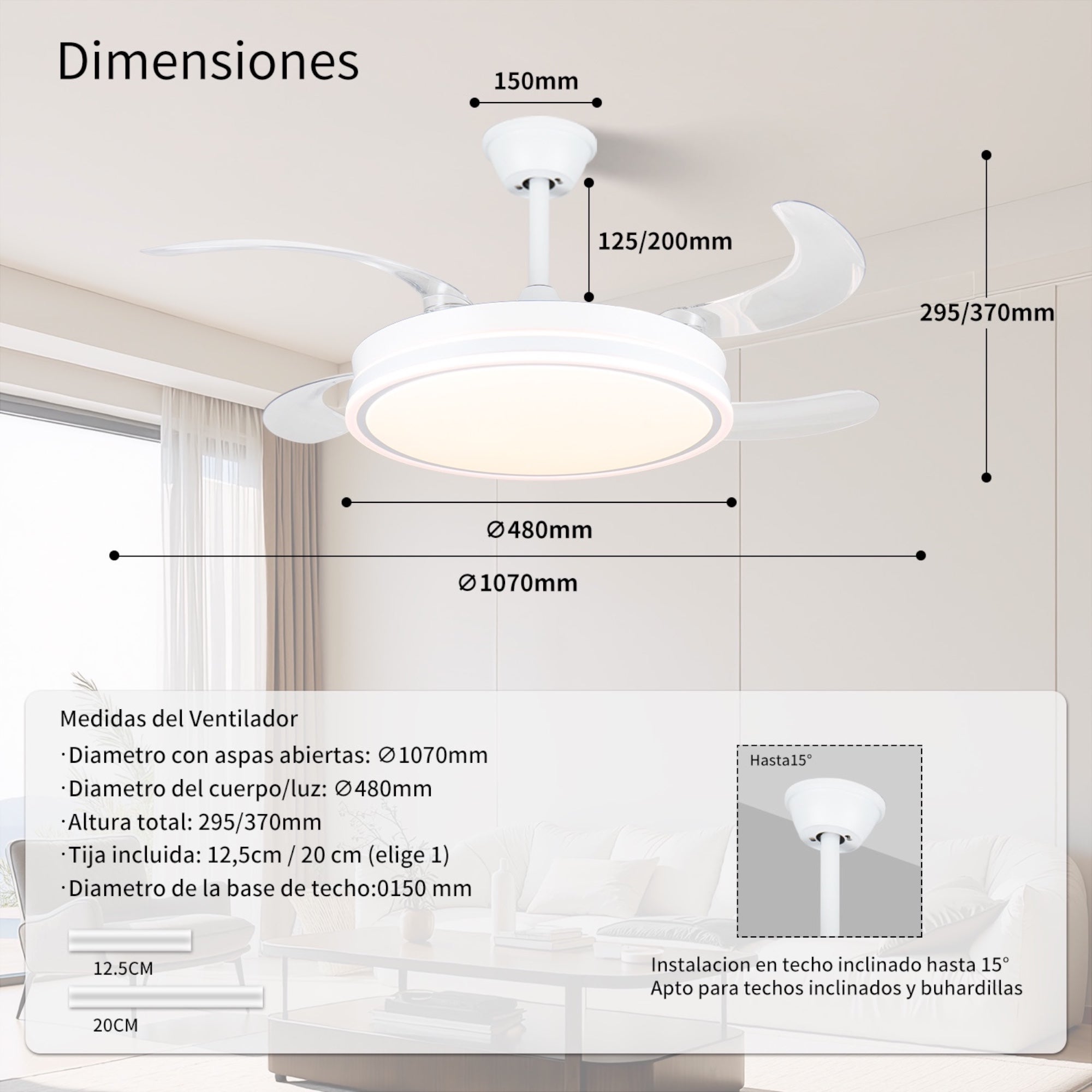 Ventilador de techo con luz LED 36W Blanco en 3 Temperaturas de Luz con Mando a Distancia -Motor DC Eficiente y Silencioso, 3 tonalidades, aspas despl - 9