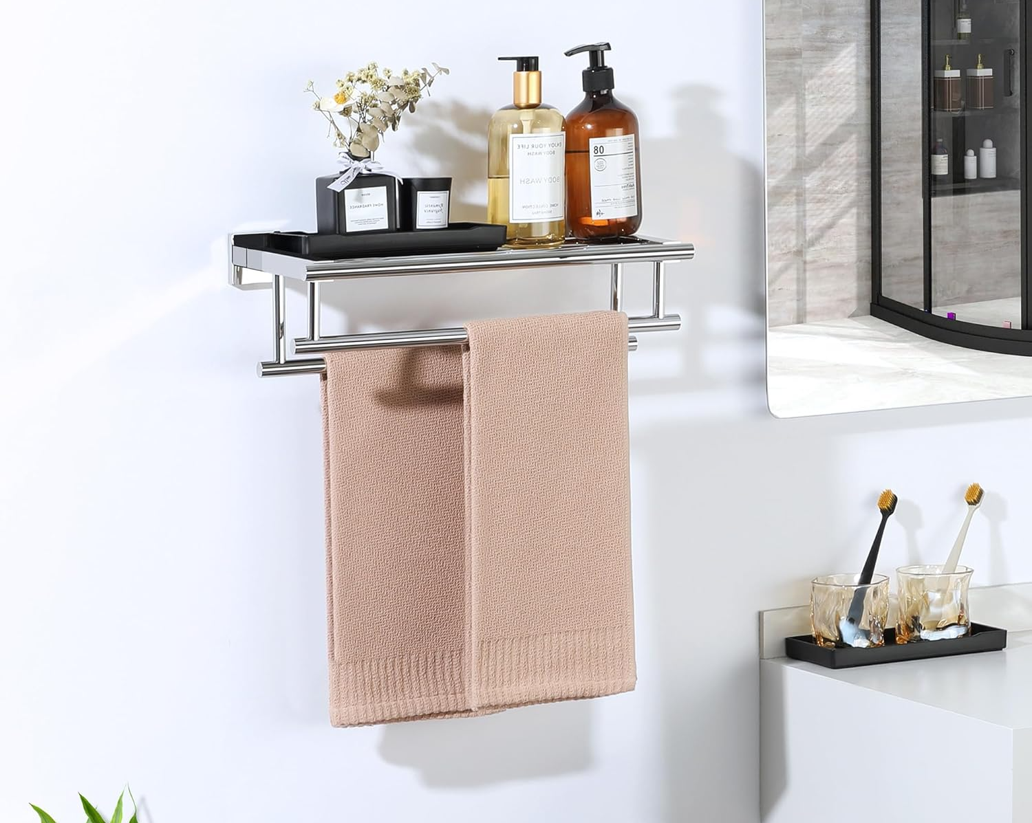 Porte-serviettes de salle de bain avec double barre à serviettes, 40 cm de long (argent brillant) - 5