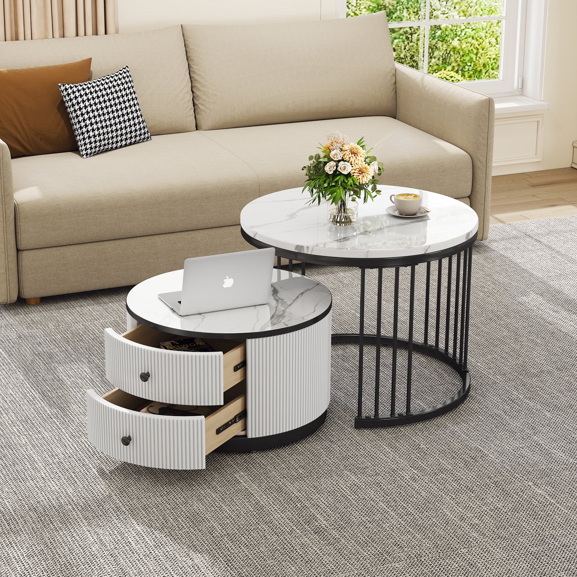 Zestaw 2 składanych stolików kawowych z 2 szufladami - 60 x 60 x 45,5 cm + 50 x 50 x 32 cm - Błyszczący wygląd marmuru - Płyta MDF - Czarno-biała