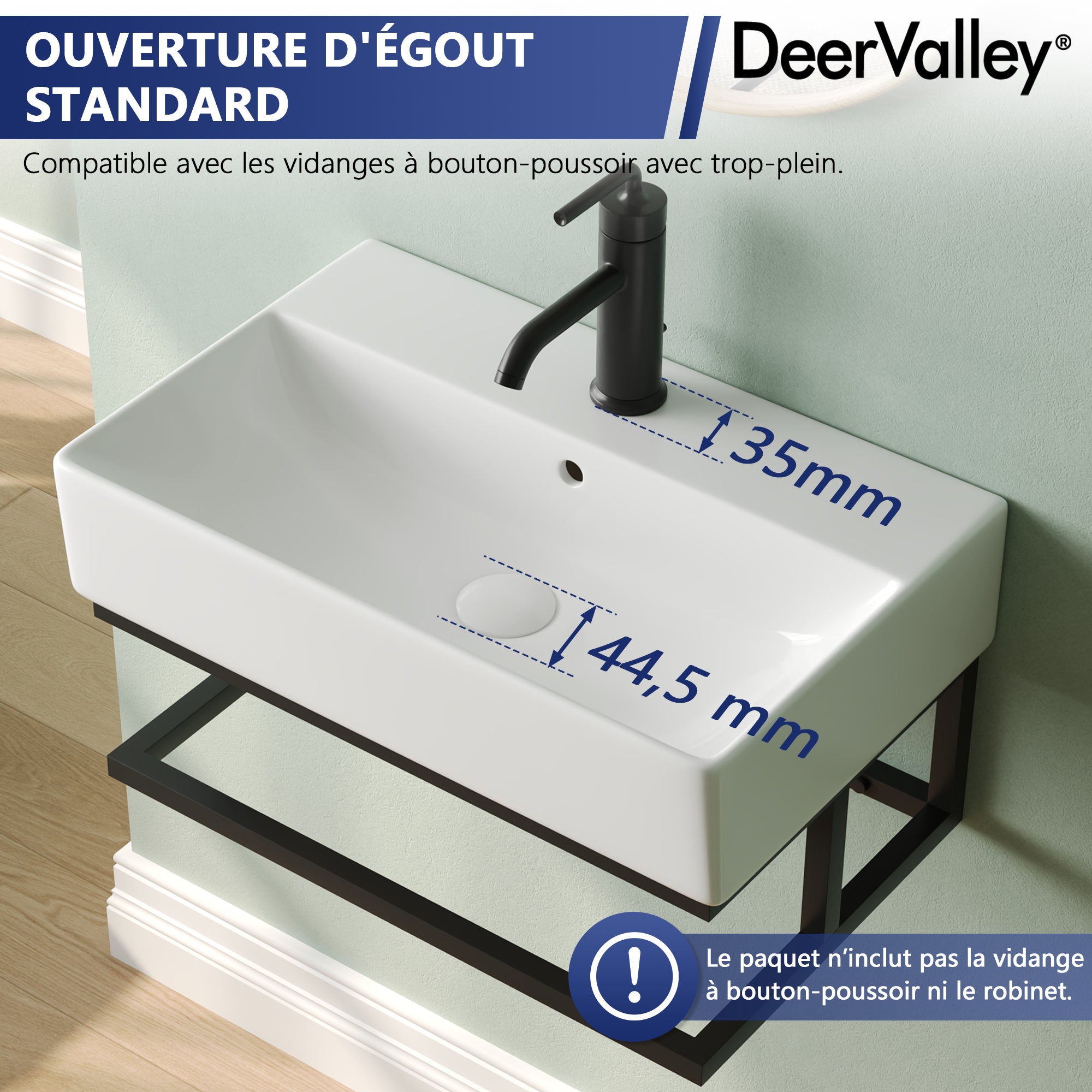 Vasque lave mains Salle de Bain - Vasque lave mains mural rectangulaire blanc mat en céramique avec porte-serviettes - Pour petit espace - DeerValley - 3