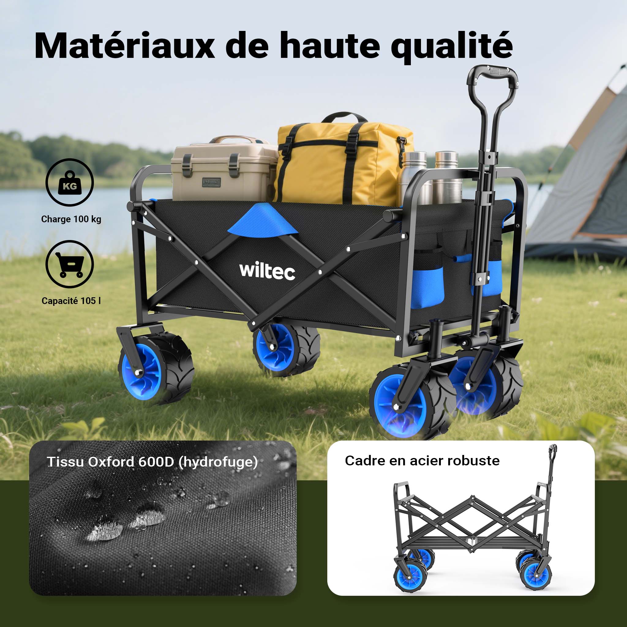 Chariot Enfants de transport pliable – 940 x 630 x 810 mm – capacité de charge 100 kg – avec Larges roues et Poignées – Diable Tout terrain… Wiltec... - 4