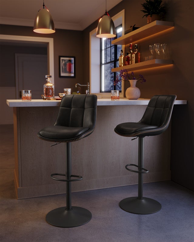 Tabourets de Bar, Lot de 4, Siège Pivotant à Hauteur Réglable, en PU, avec Dossier et Repose-Pieds, Noir d'encre - 2