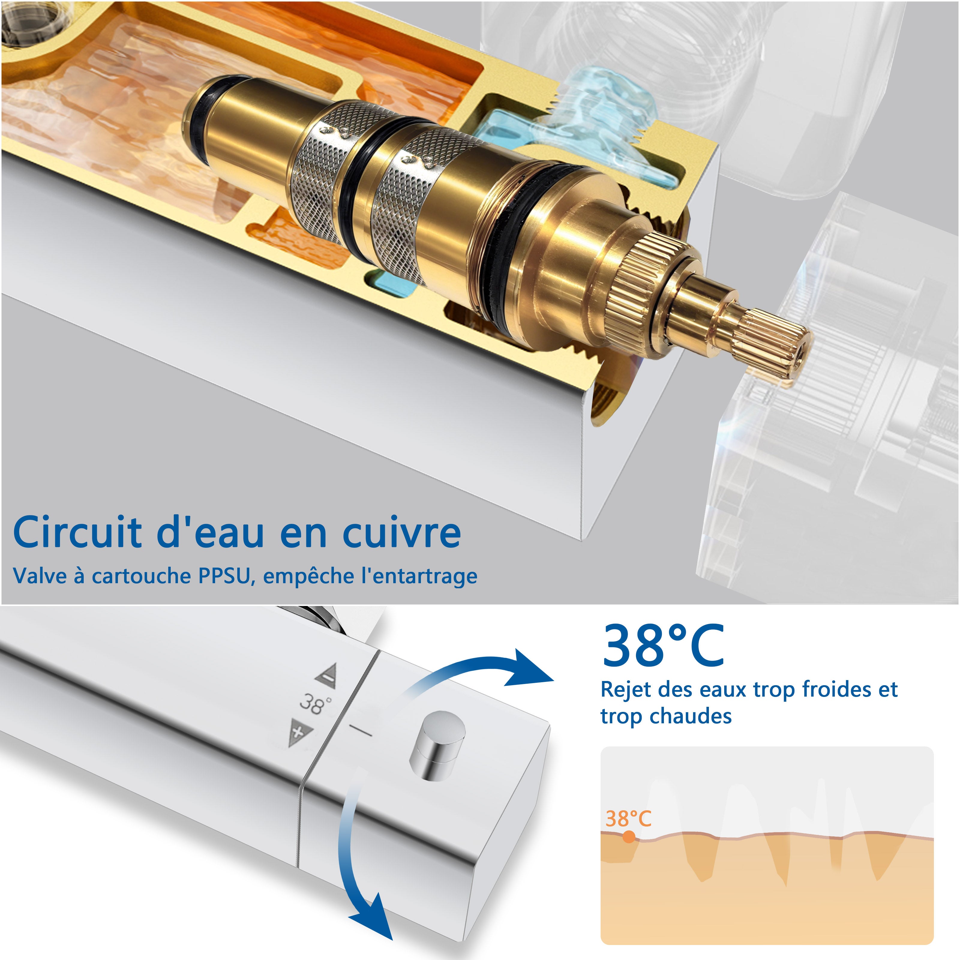 Ensemble de colonne de douche thermostatique carrée chromée à hauteur réglable AICA - 7