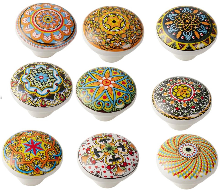 Zestaw 9 ręcznie robionych, wielokolorowych ceramicznych gałek do drzwi szafek w kształcie kwiatów w stylu vintage