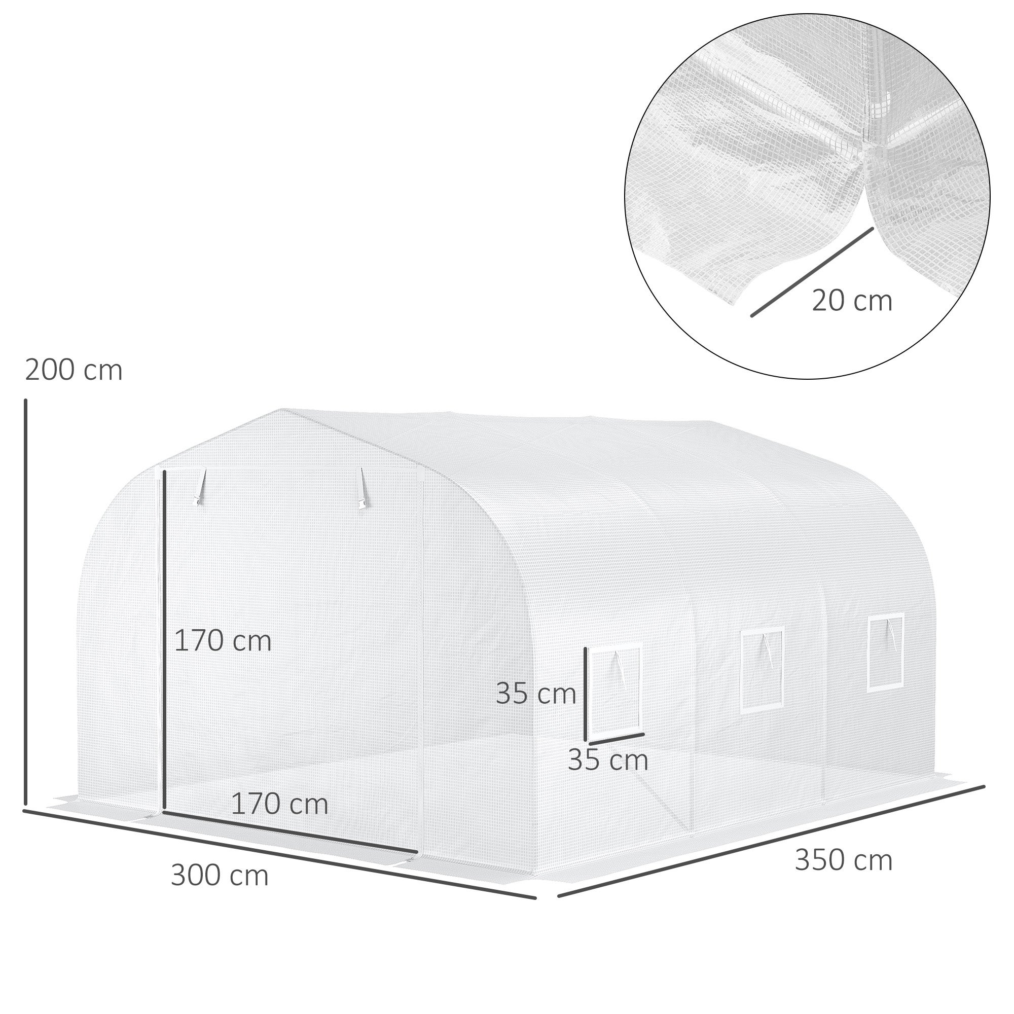 Serre de jardin serre tunnel de Jardin dim. 3,5L x 3l x 2H m Porte + 6 fenêtres enroulables Acier galvanisé bâche PE Haute densité Blanc - 5
