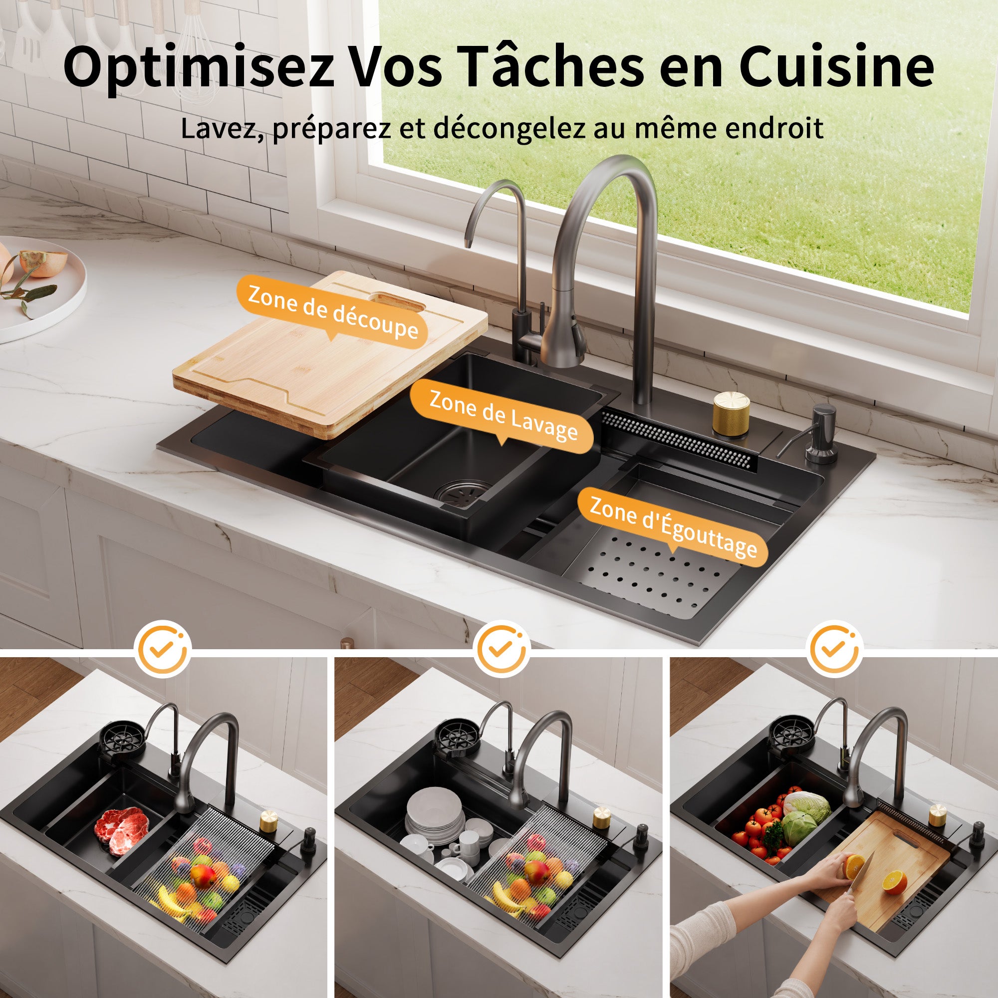 Évier de Cuisine Multifonction Cascade en Acier Inoxydable 304 - 75 x 46 cm - Marque DeerValley - 4