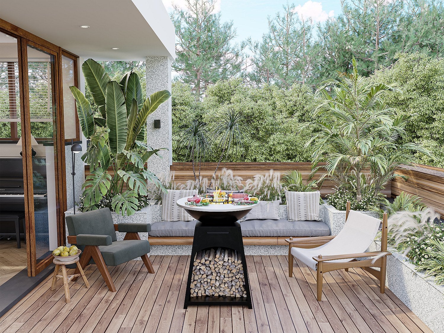 Grill z płytą i paleniskiem ze stali - szer. 81 x dł. 81 x wys. 96 cm - Czarny - CORVERA