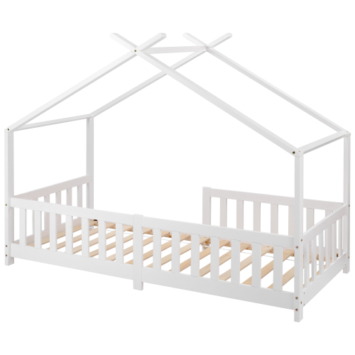 Lit cabane enfant 90x200 cm en bois avec clôture et sommier à lattes, pour chambre d'enfant et d'adolescent, blanc, sans matelas - 8