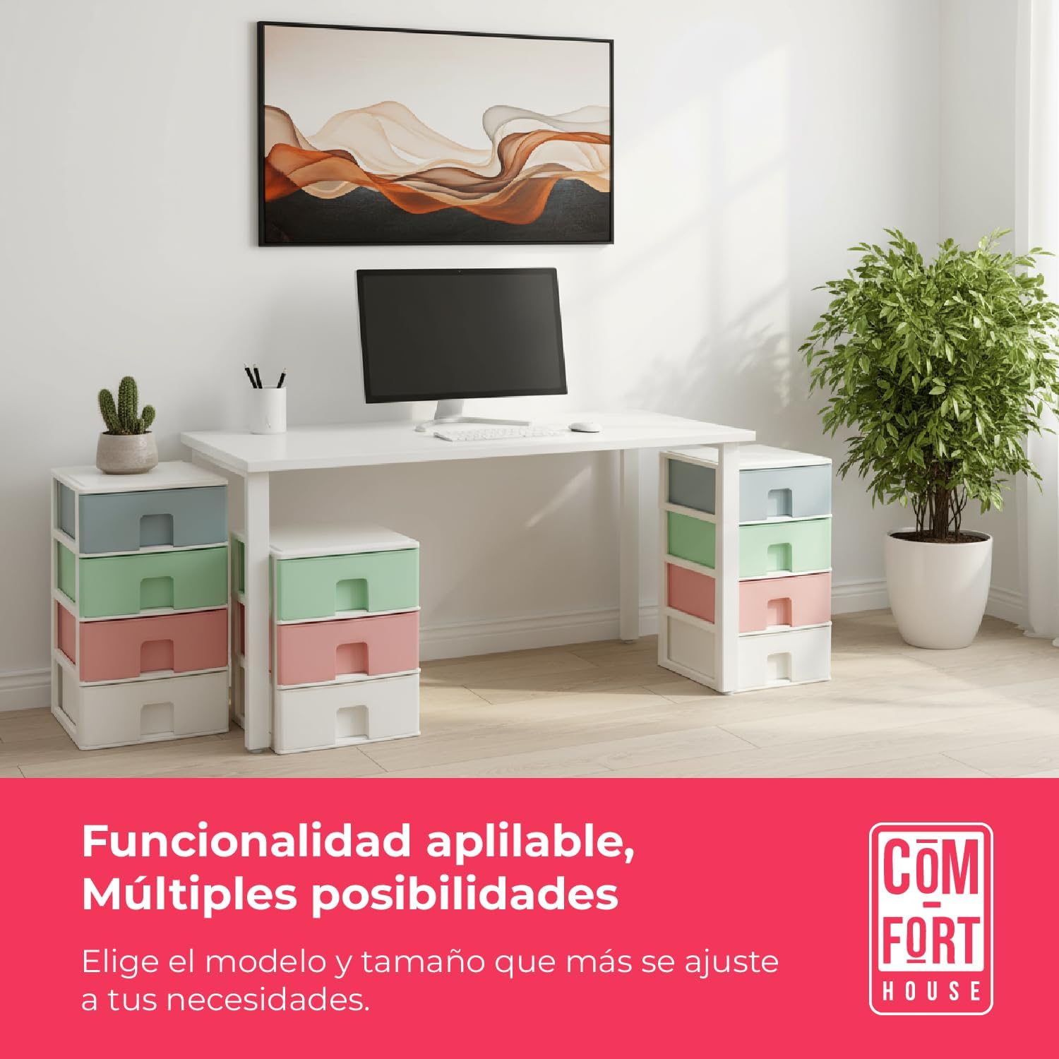 COM-FORT HOUSE | Cajonera Apilable de Plástico | Modelo Multicolor | Color Blanco | Modelo de 4 Cajones | Cajones de Almacenamiento Modular - 5