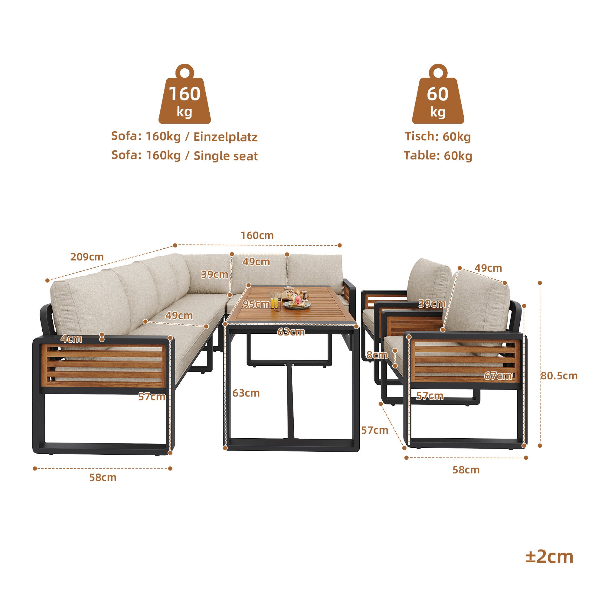 Salon de jardin modulable en fer galvanisé 7 places : 2 canapé 2 places + 3 fauteuils + 1 table 90 x 63 x 63 cm - Beige - 6