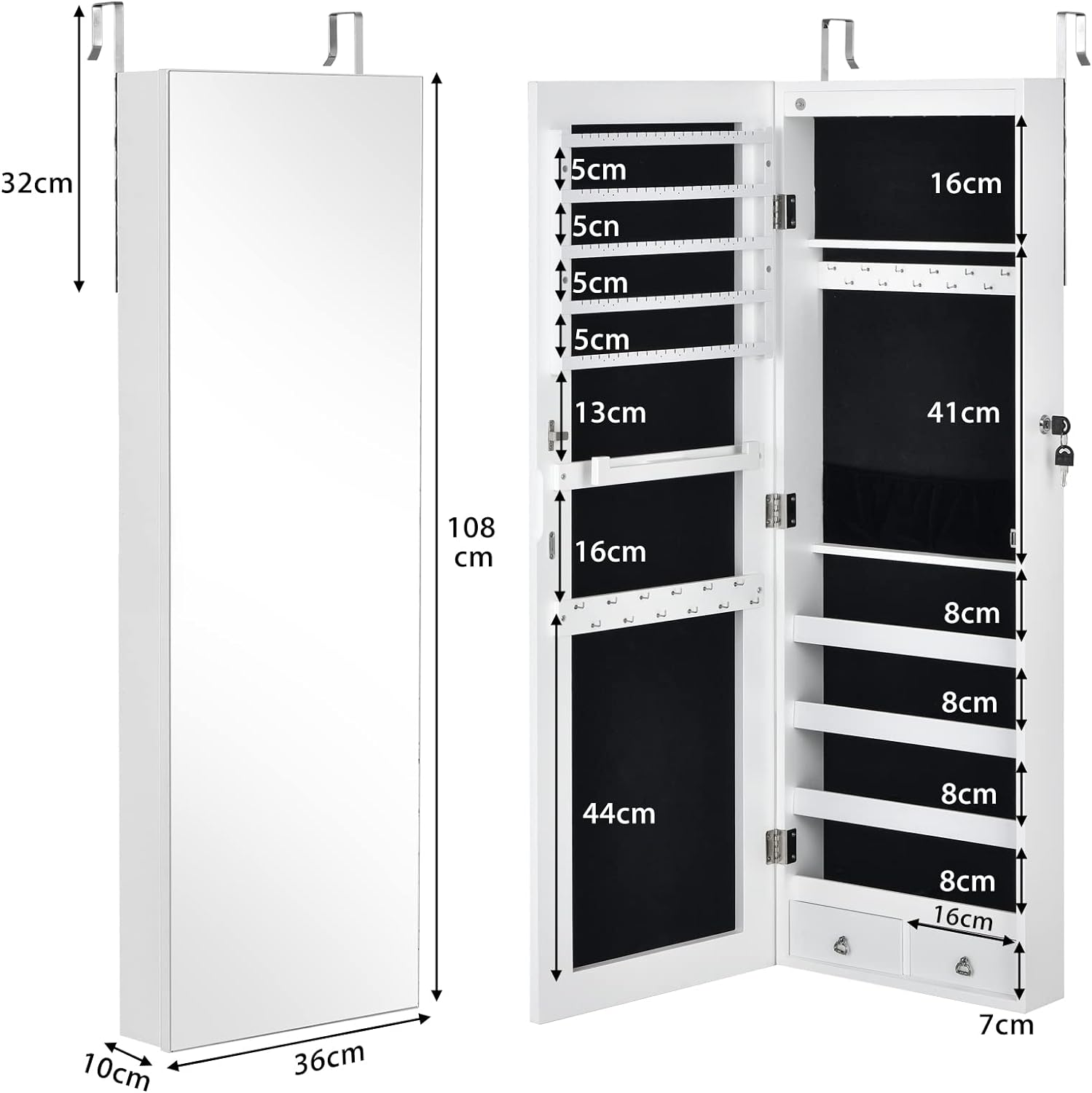 Armoire a Bijoux Murale avec Lumieres LED et Miroir, Rangement avec Miroir Plein Longueur sur le Miroir, Autoportante Verrouillable - 2