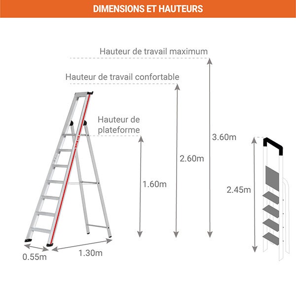 Escabeau 7 marches - Hauteur atteignable 3.60m - 6026/07 - 2