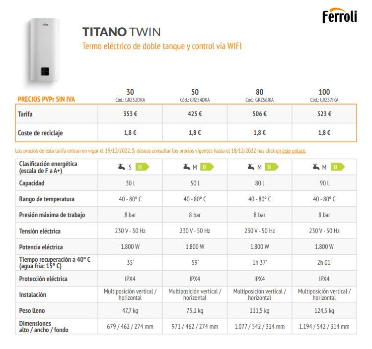 Chauffe eau électrique TITANO TWIN 100L - Plat - Multiposition - Blanc - 5