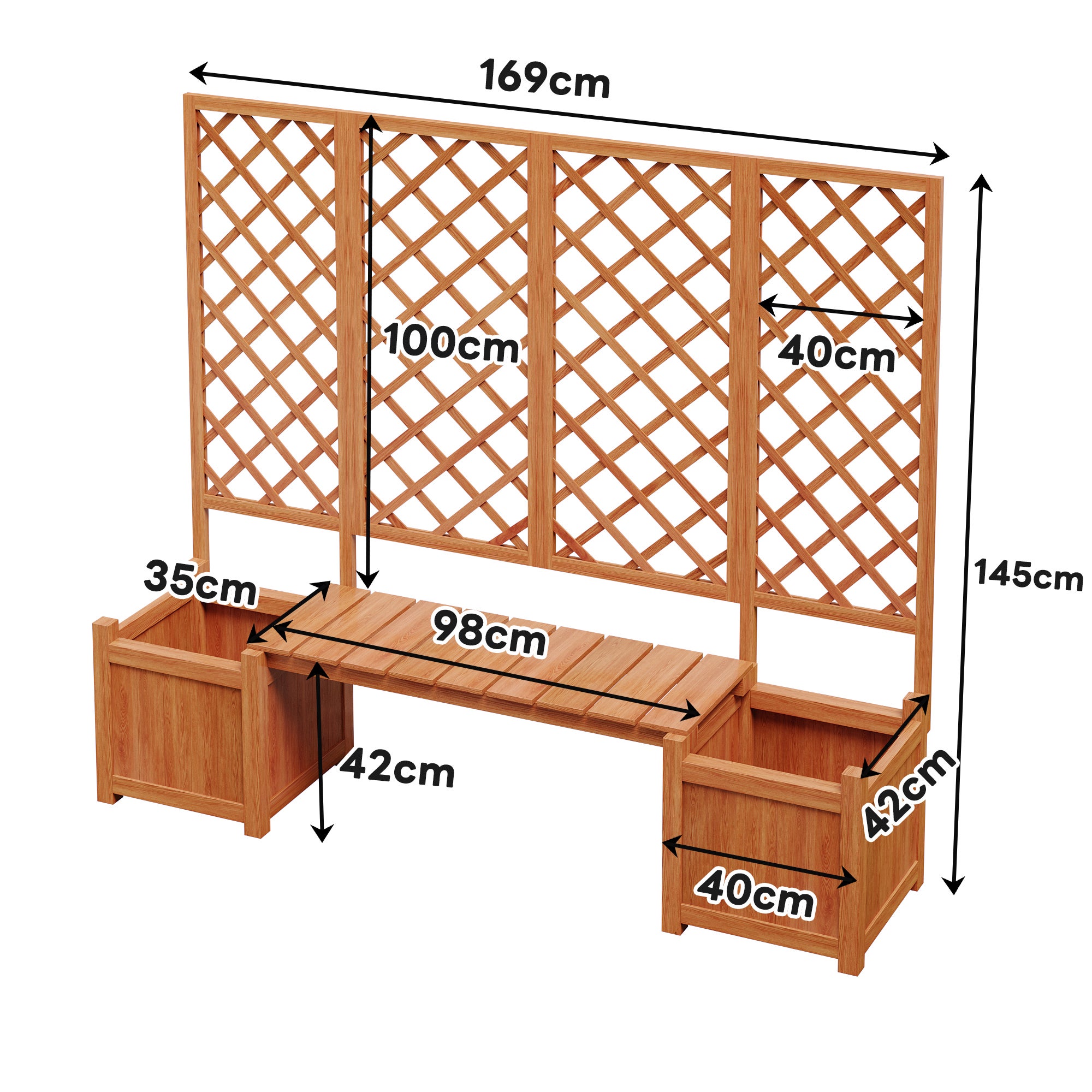 Lot de 2 Jardinière sur pièds avec Treillis en bois massif + 1 banc- 169 x 42 x 145 cm - Marron - 6