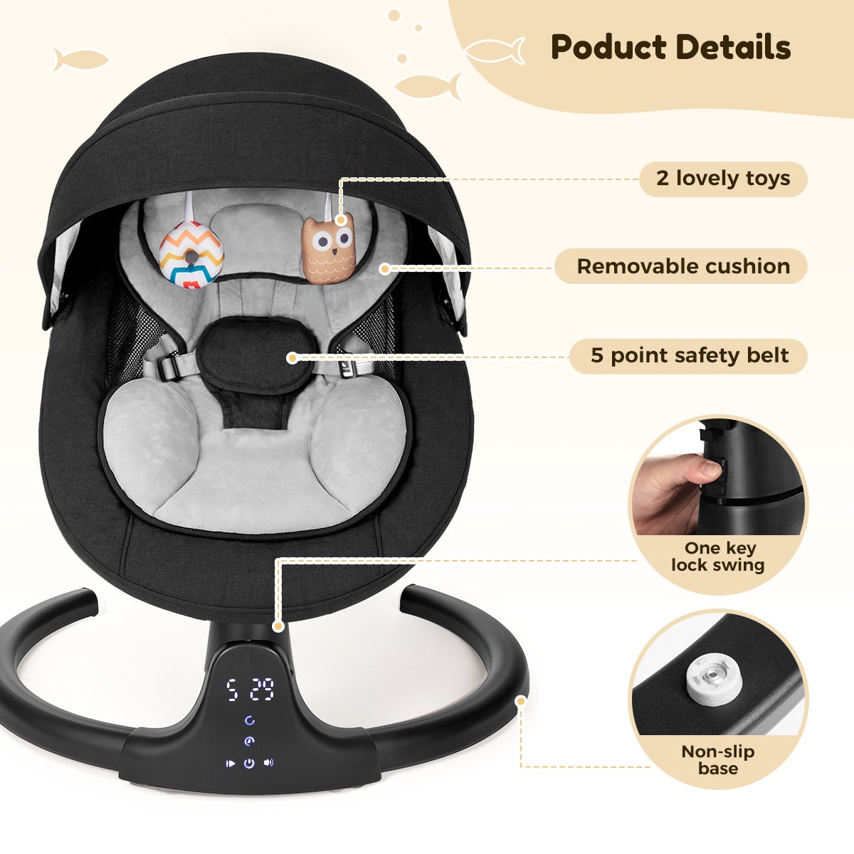 Cadeira de baloiço elétrica para bebé com música Bluetooth, 5 velocidades de baloiço, almofada removível, mosquiteiro e comando - Preto - 3