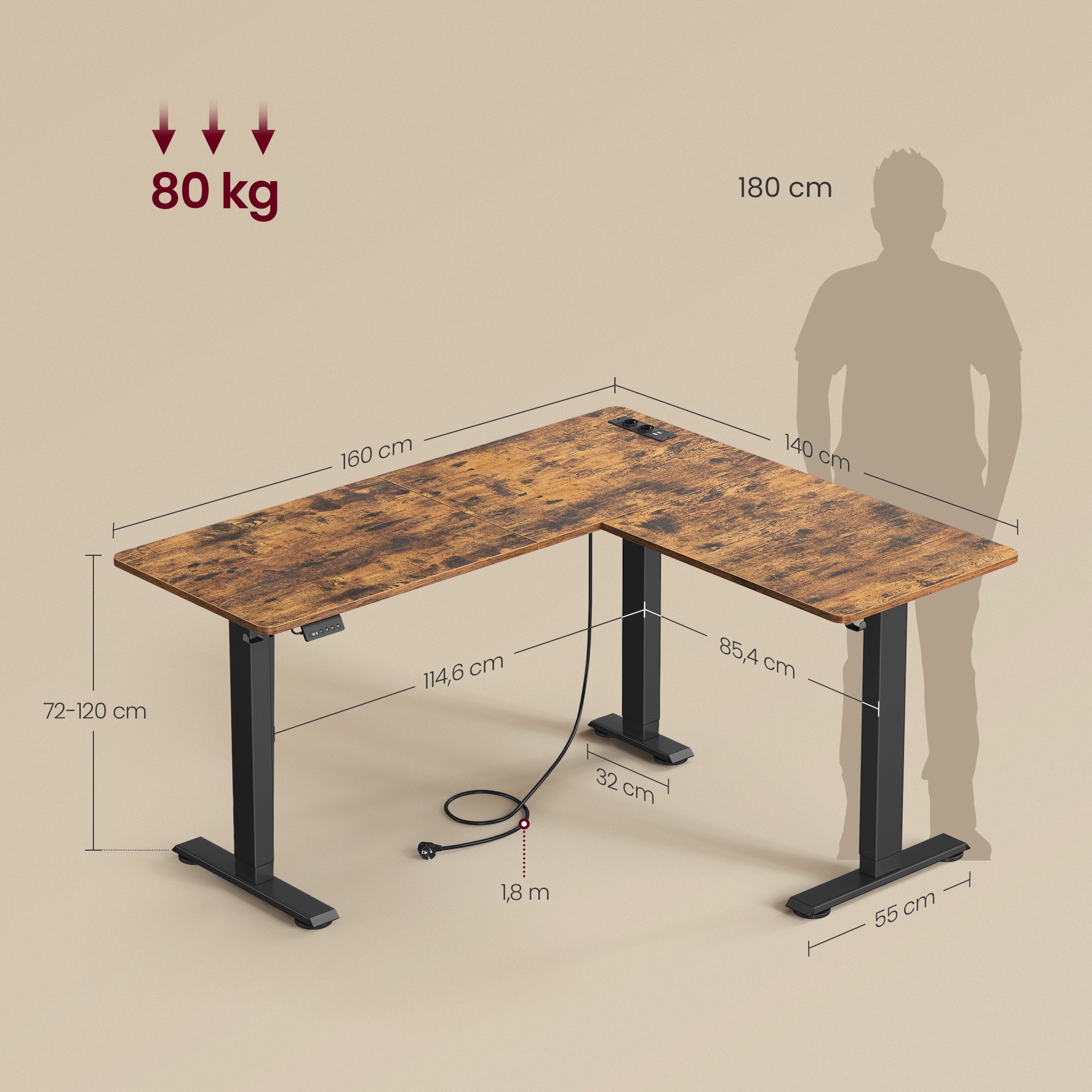 Bureau Électrique Réglable en Hauteur, Table d’Angle en L, 140 x 160 cm, avec Multiprise, Fonction Mémoire 2 Hauteurs, Marron Rustique et Noir d’Encre - 5