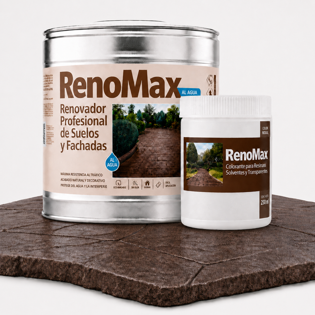 RENOMAX - Resina Hormigon Impreso y Superficies Porosas Al Agua + Tinte Hormigon Impreso Marrón Nogal, 2L Cubre hasta 20m² | Garantía 5 Años, 20m