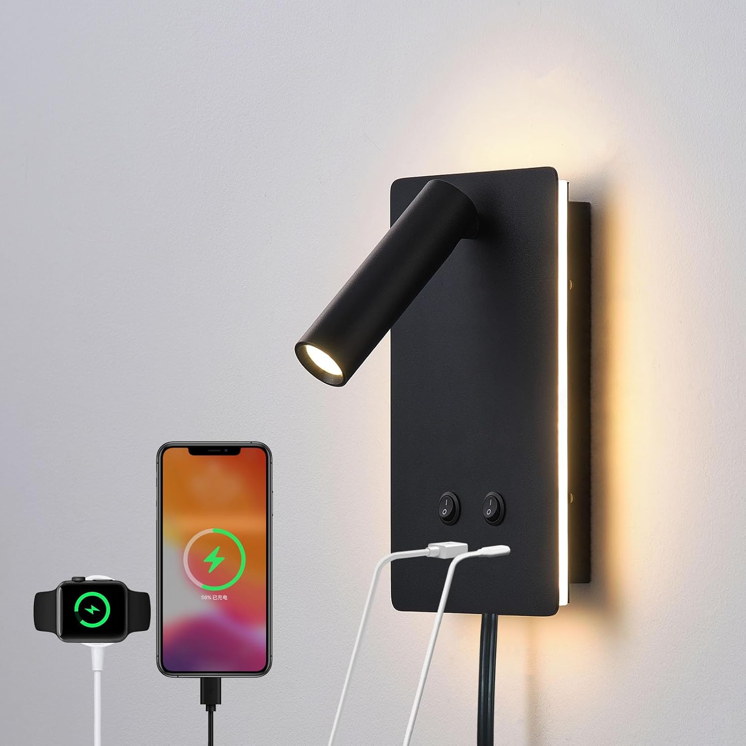Lampka ścienna LED do czytania - Regulowana głowica lampy - Z interfejsem USB C+A - Lampka nocna - Lampka nocna 6W + 3W - Ciepłe białe światło(Czarna)