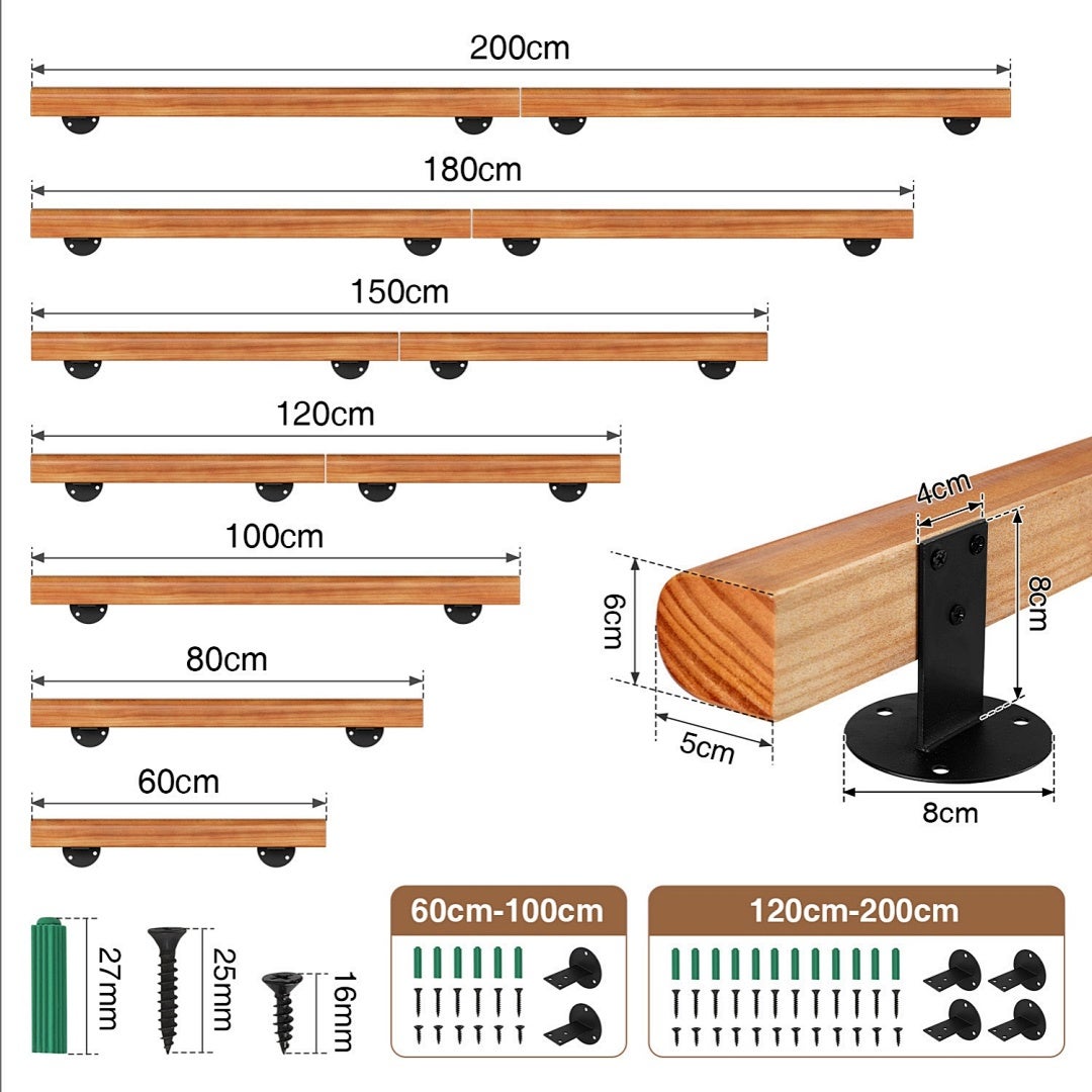 Main-Courante en Bois avec Garde-Corps Rond Laqué en Teinte Noyer avec Supports et Raccords pour Tubes 60cm - 2