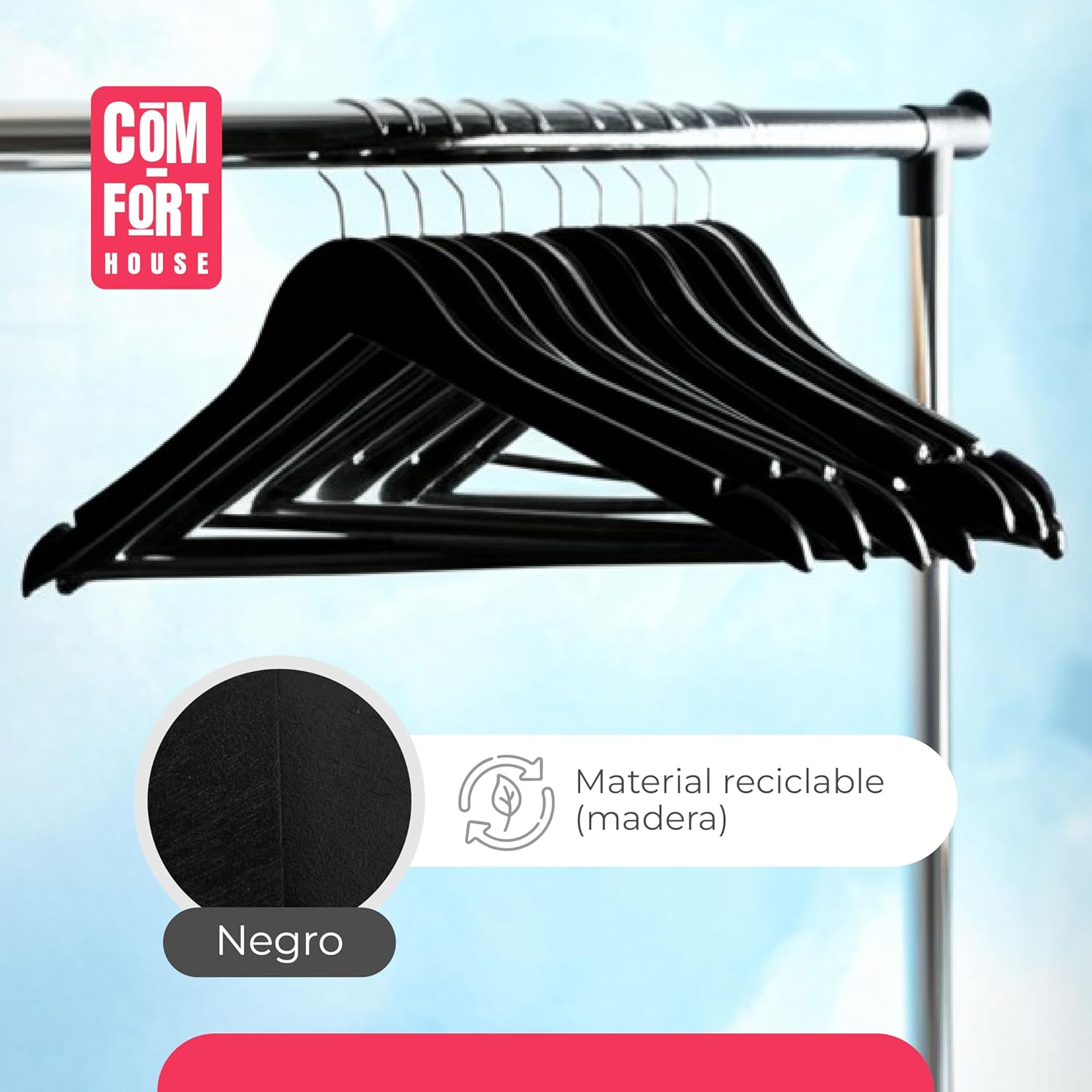 Pack de 40 Perchas de Madera Maciza color negro con Gancho Giratorio 360° y Muescas Antideslizantes - con Barra para Pantalones - Alta Resistencia - 7