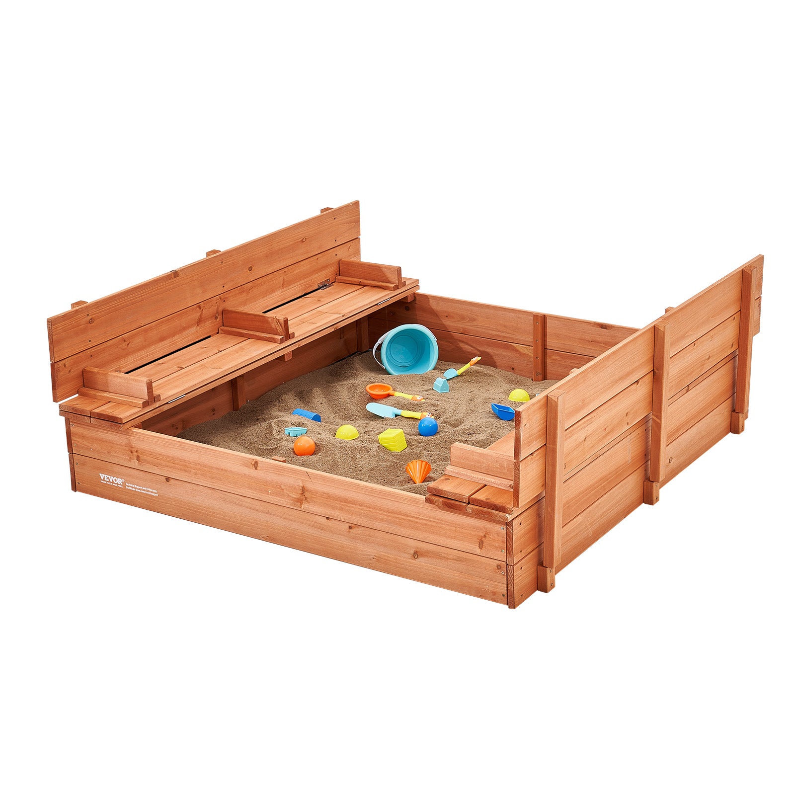 Bac à sable en bois naturel,VEVOR 1330 x 1200 x 430 mm,bac à sable avec banquettes pliables et doublure inférieure,pour jardin extérieur,plage,parc - 9