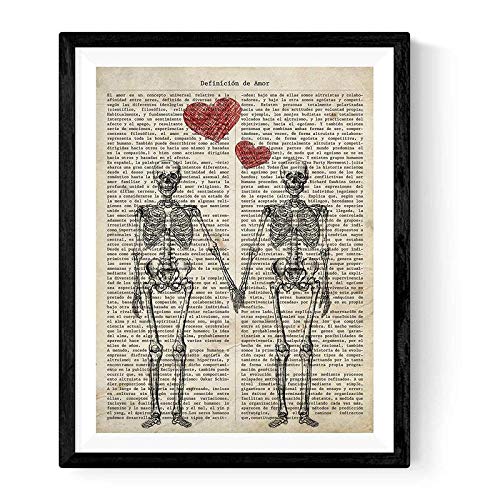 Lamina para enmarcar pareja de esqueletos. lamina con definicion de diccionario amor poster vintage. alta calidad y marco blanco - a3