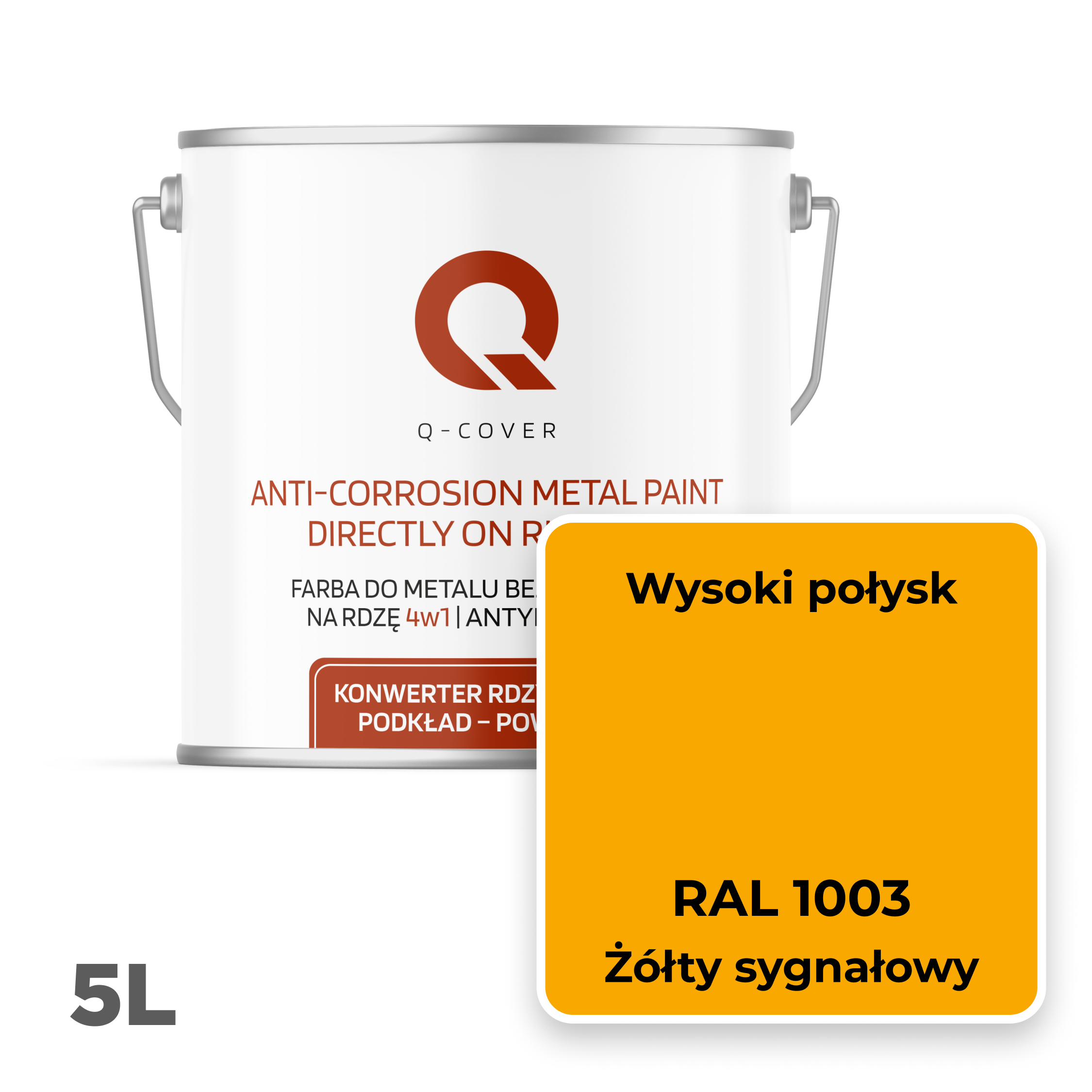 Farba do Metalu Prosto na Rdzę 4w1 Q-Cover Żółty sygnałowy RAL1003 Wysoki Połysk 5L - 2