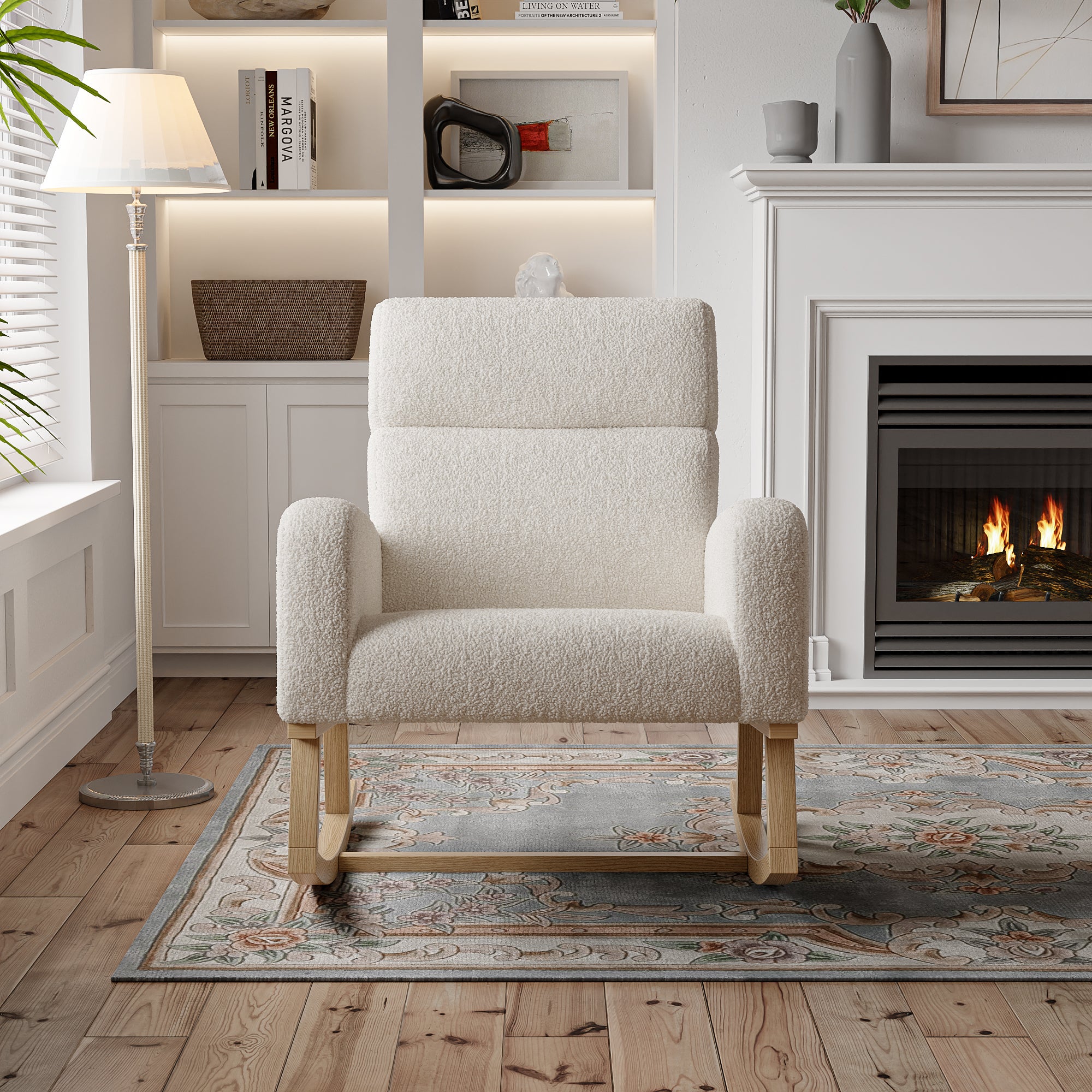 Fauteuil a Bascule, Chaise a Bascule Allaitement avec Poches Latérales et Base en Bois, Fauteuil Rocking Chair interieur extérieur pour Chambre, Beige - 4