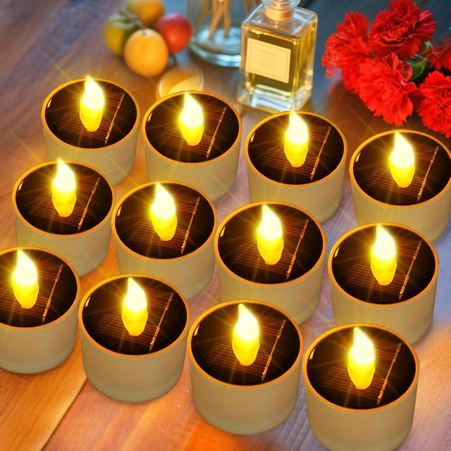 Solar Tea luz exterior impermeable-12 Pieces set Flameless Flicker Solar vela Reusable LED Tea luz vela amarillo