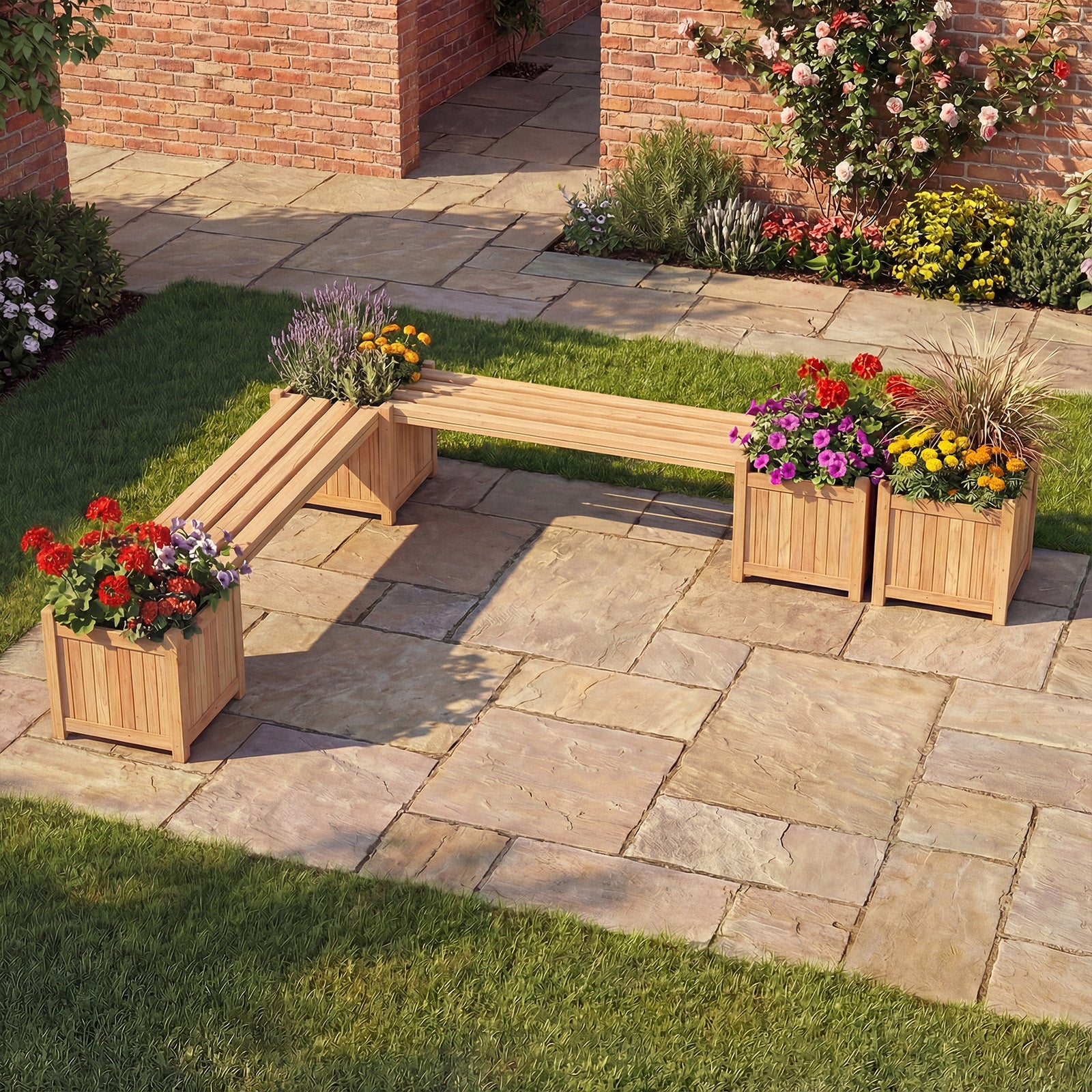 Jardinières d'Extérieur avec Banc 169 x 35 x 35 cm, Bac à Fleurs en Bois Massif Finition Huile de Teck Base Ouverte, Lit de Jardin Surélevé, Naturel - 8