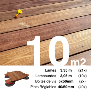 Kit complet terrasse bois exotique CUMARU pour 10 m² • Lames 3,35 m, lambourdes 3,35 m, plots réglables et visserie Inox • Livraison gratuite