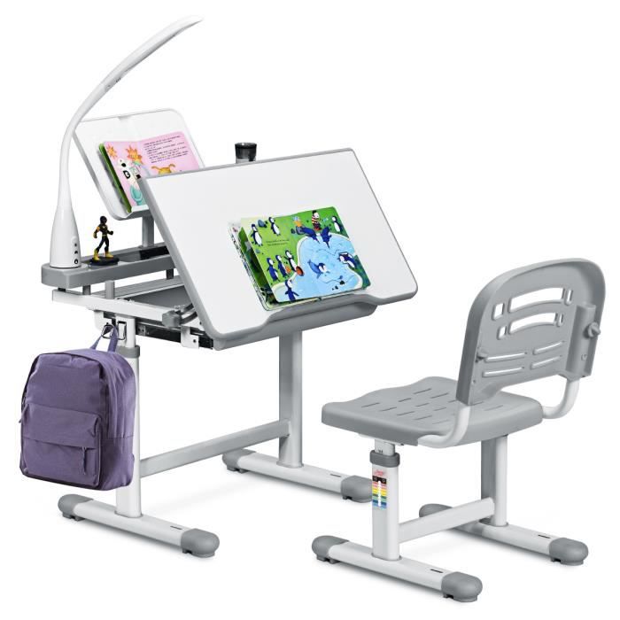 Bureau Enfant COSTWAY Table Et Chaise Réglables Avec Lampe - Hauteur Inclinable Charge 80kg (Bleu)