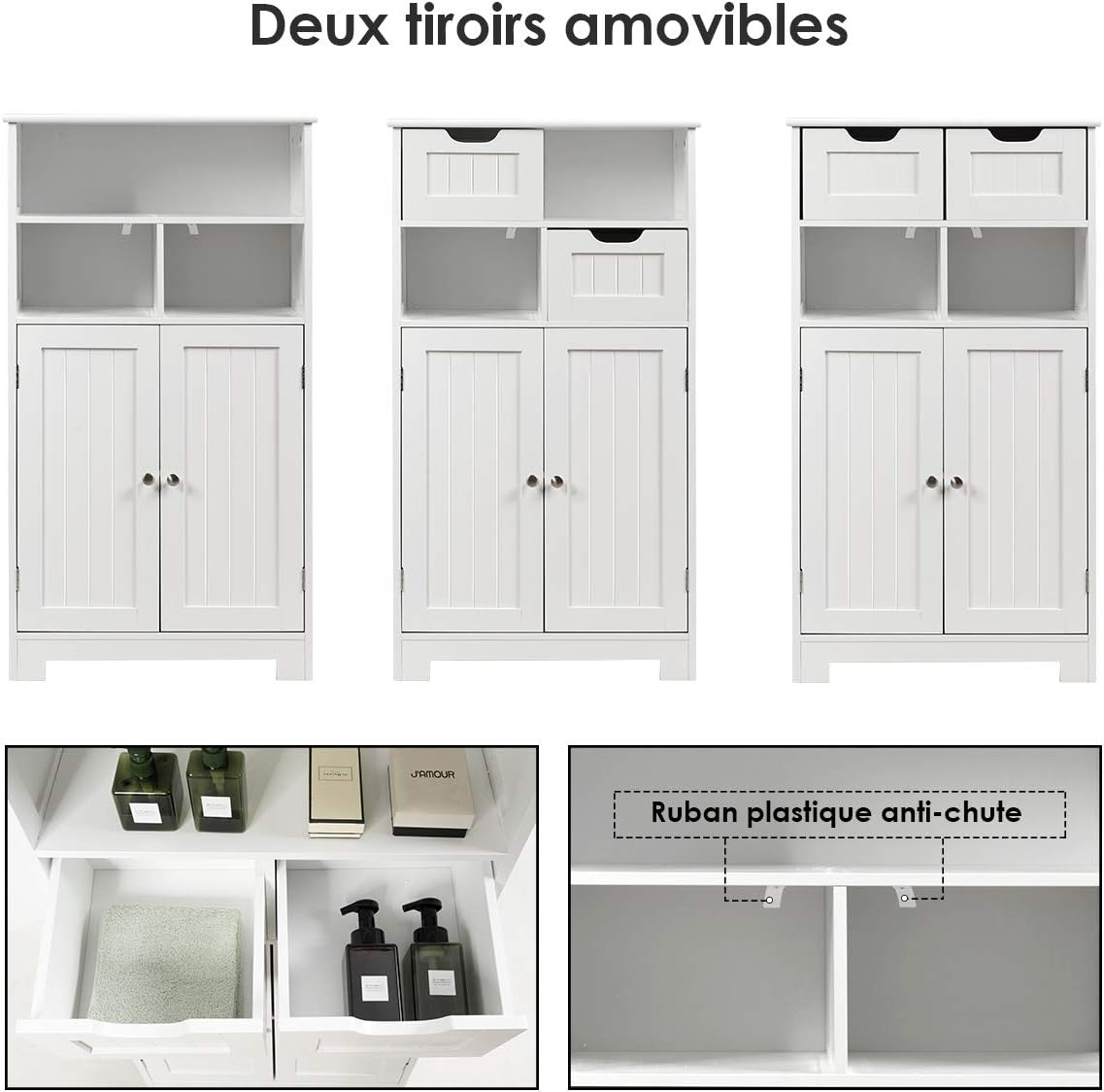 Meuble de Rangement de Salle de Bain Commode Blanche de Toilette, 60 x 30 x 109 CM Blanc - 3