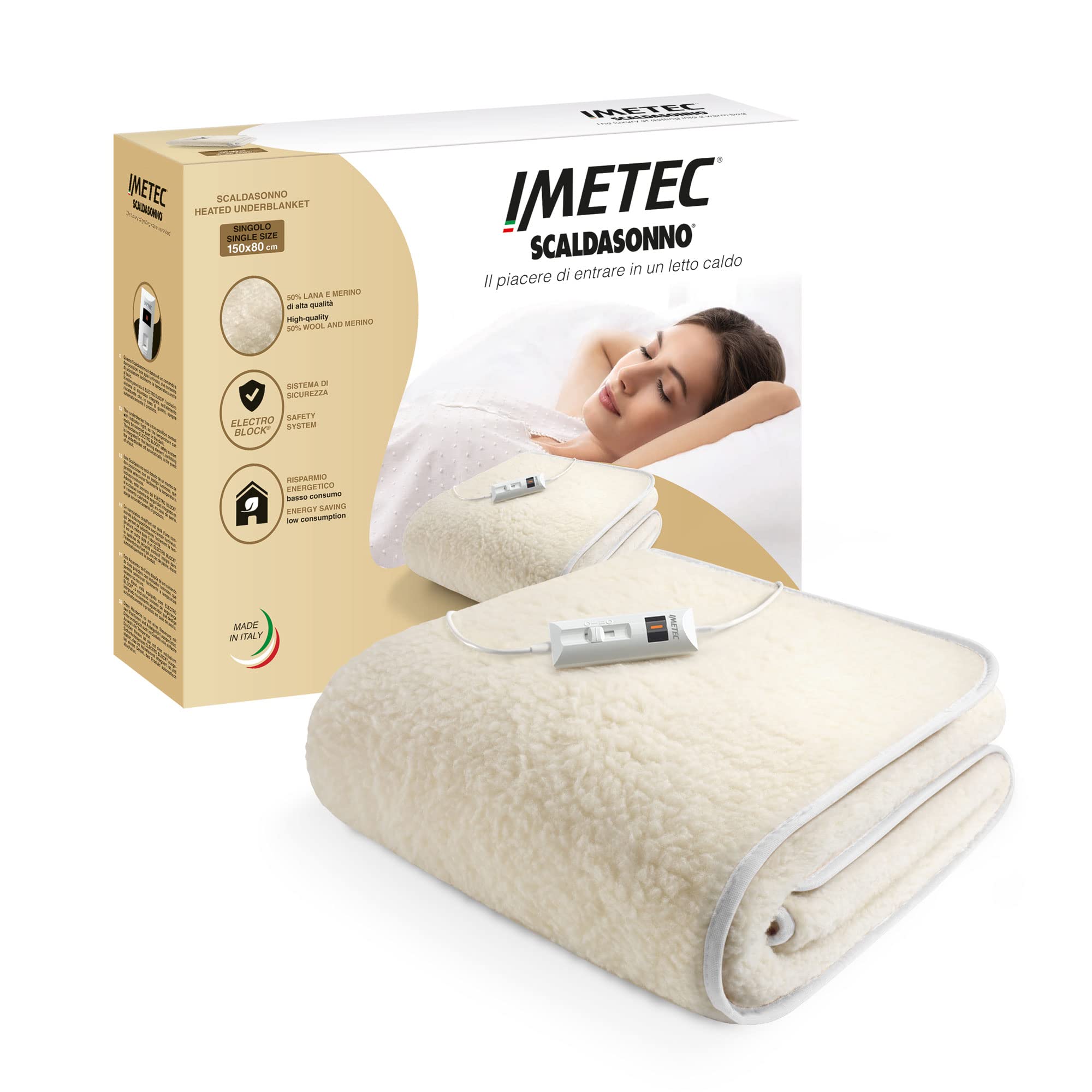 Imetec scaldasonno singolo 150x80 cm, basso consumo, 50% lana e merino, 2 temperature, dispositivo sicurezza electro block, made in italy