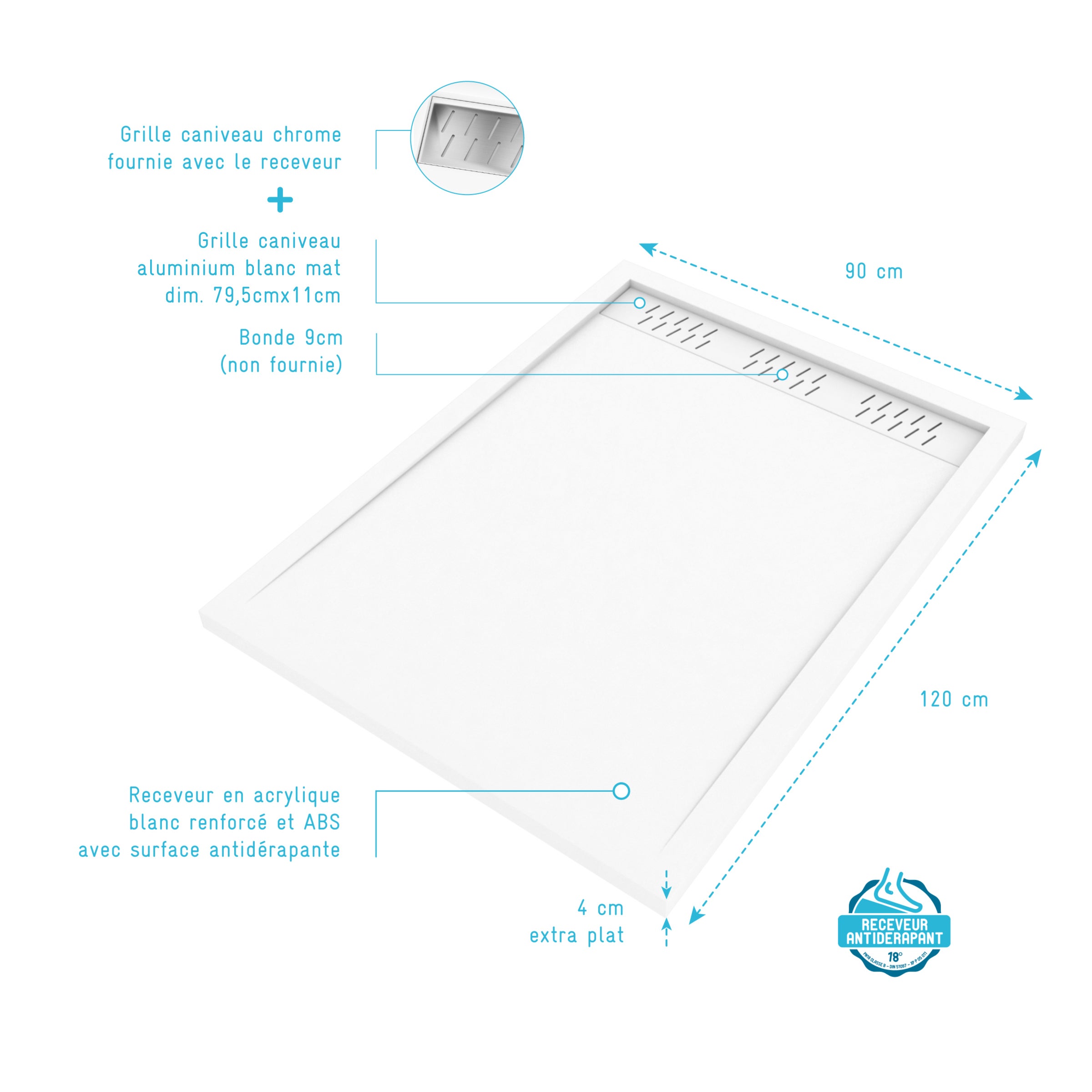 Receveur en acrylique Blanc 90x120x4 cm + Grilles Linéaires Chrome et Blanche Mate - 4