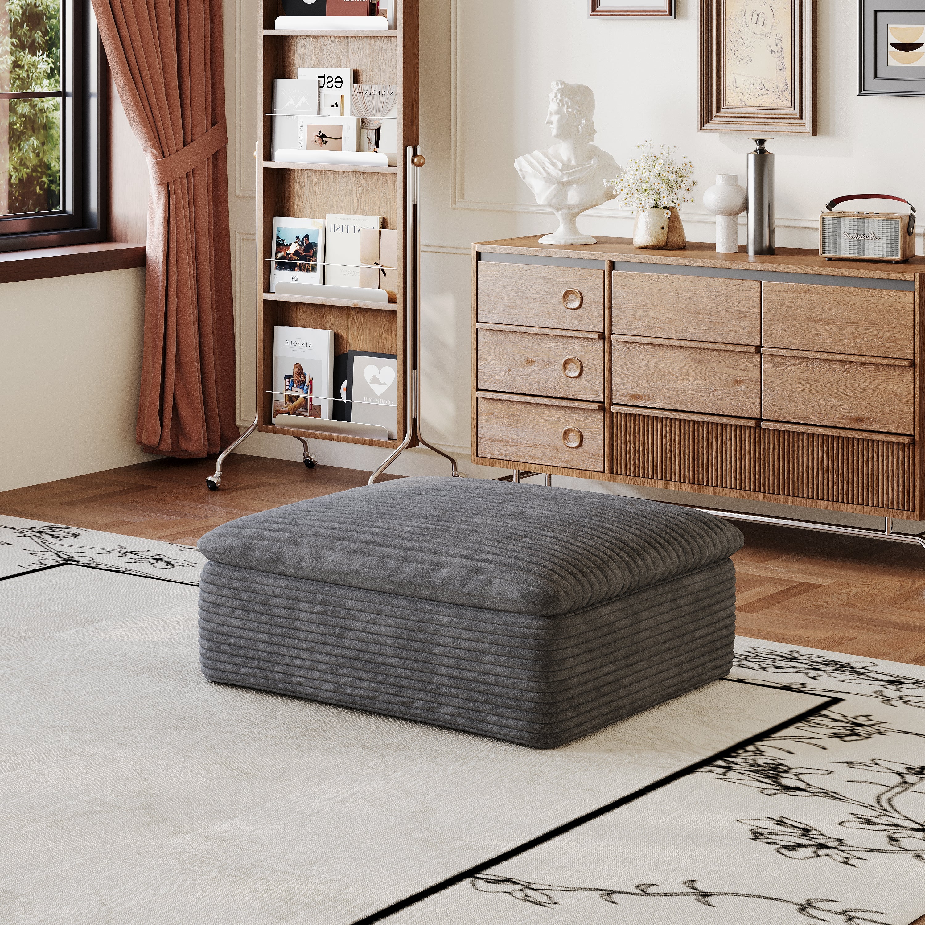 Pouf otoman, 90 x 70 x 42 cm, gri închis, material textil, scaun moale din spumă, design modular, pentru camera de zi sau dormitor