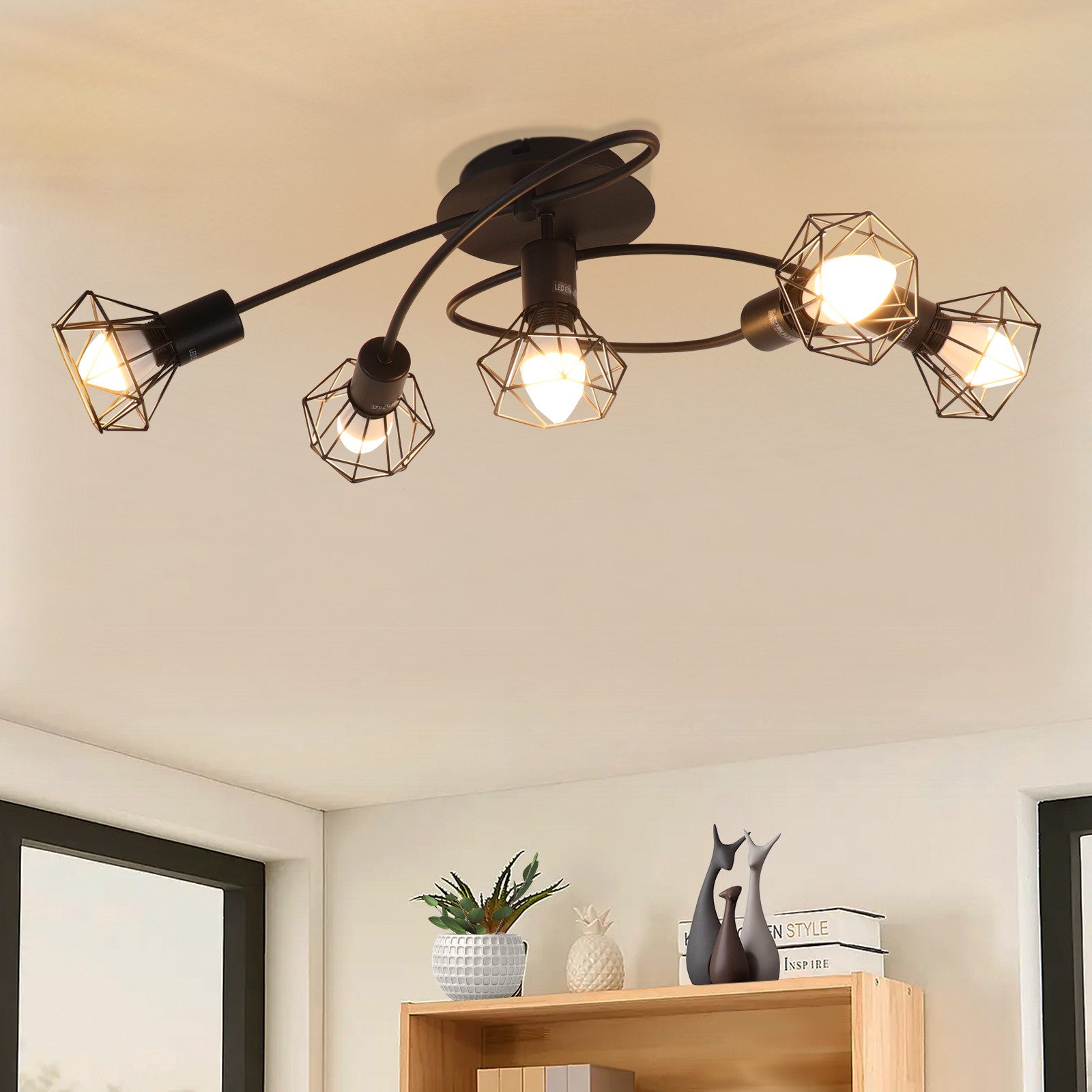 ZMH Czarna lampa sufitowa z 5 źródłami światła, gniazdo E14, styl industrialny, odpowiednia do salonu lub przedpokoju