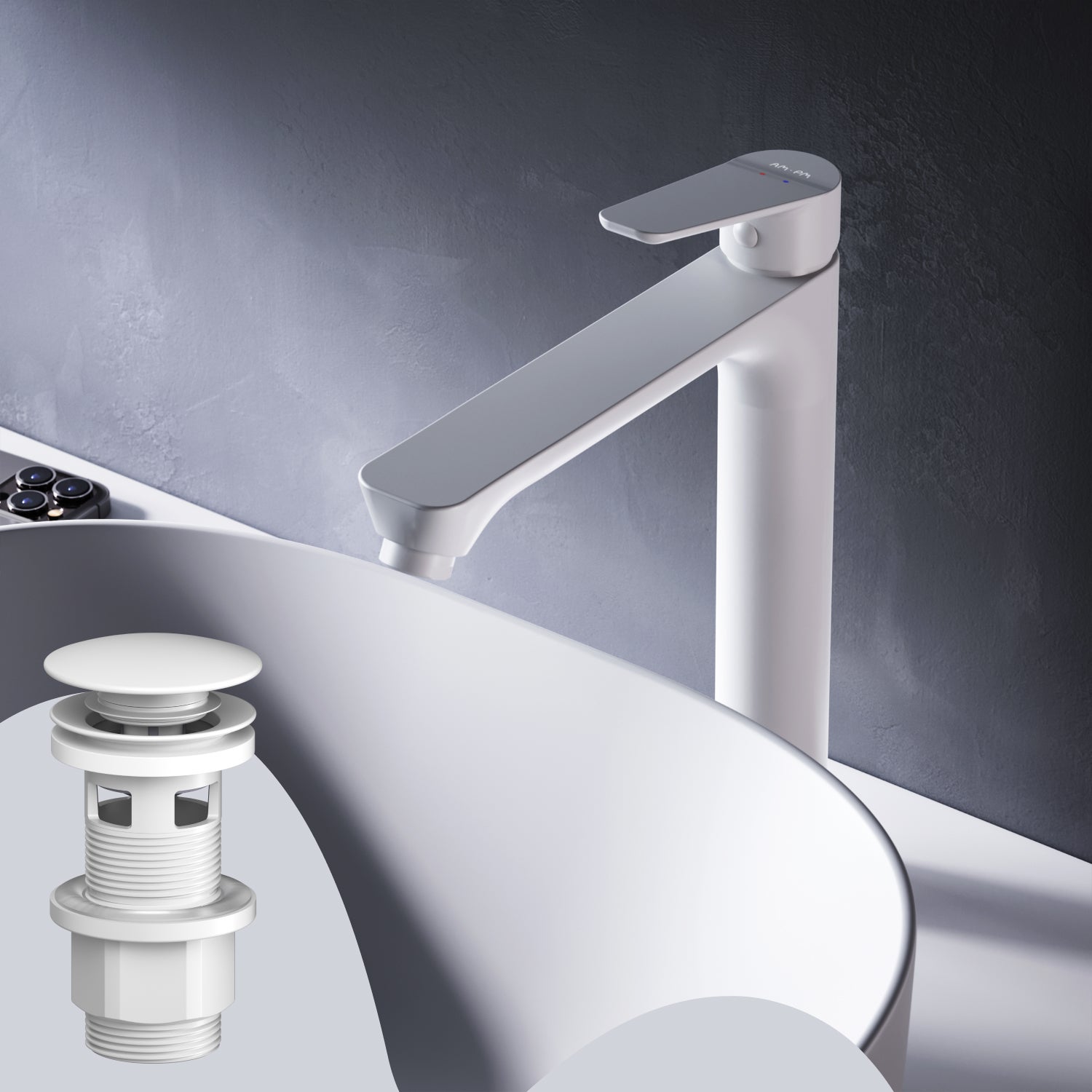 Bateria umywalkowa z wyciąganym odpływem, biała, rozmiar L, FTA92233 AM.PM