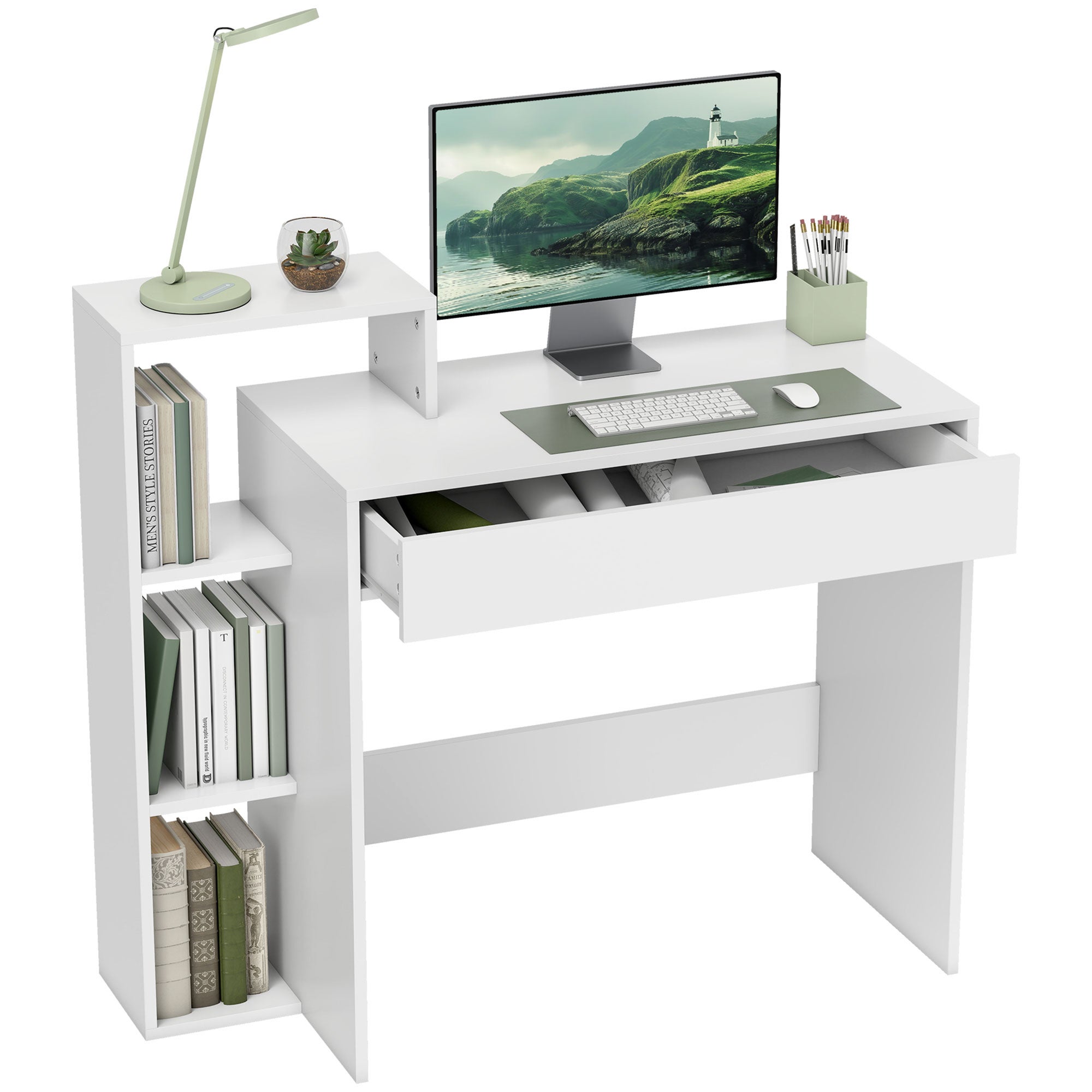 HOMCOM Scrivania PC Moderna con 3 Ripiani Aperti e Cassetto, in Legno ...