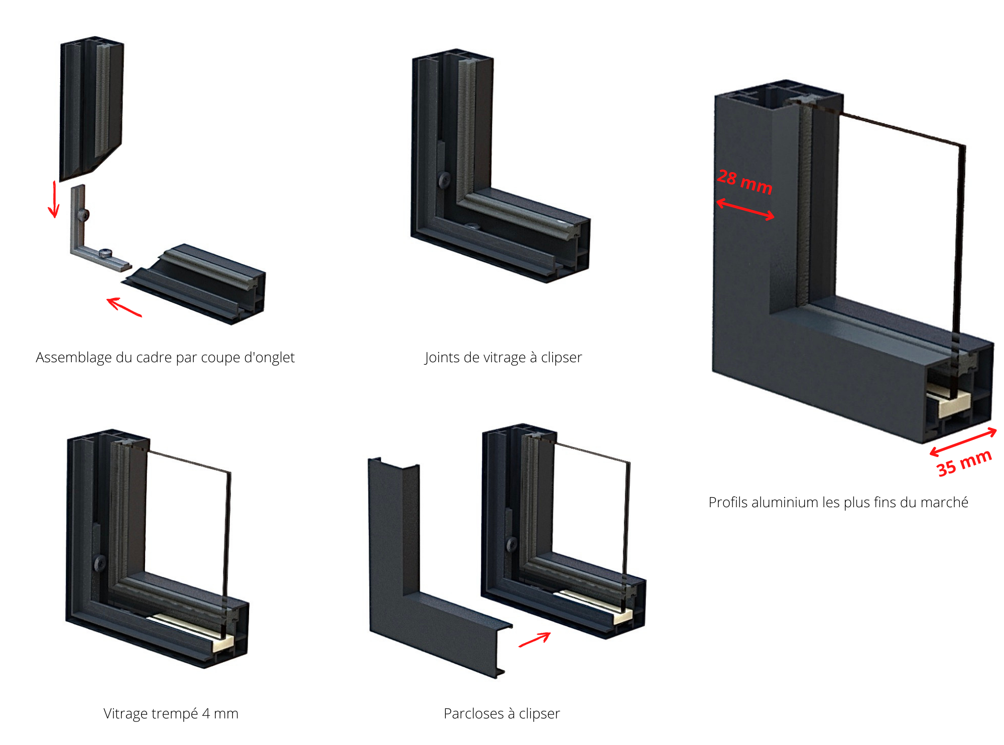 Verrière aluminium 5 vitrages clair, 5 arches décorative - L 173 × H 123 - Noir - 4