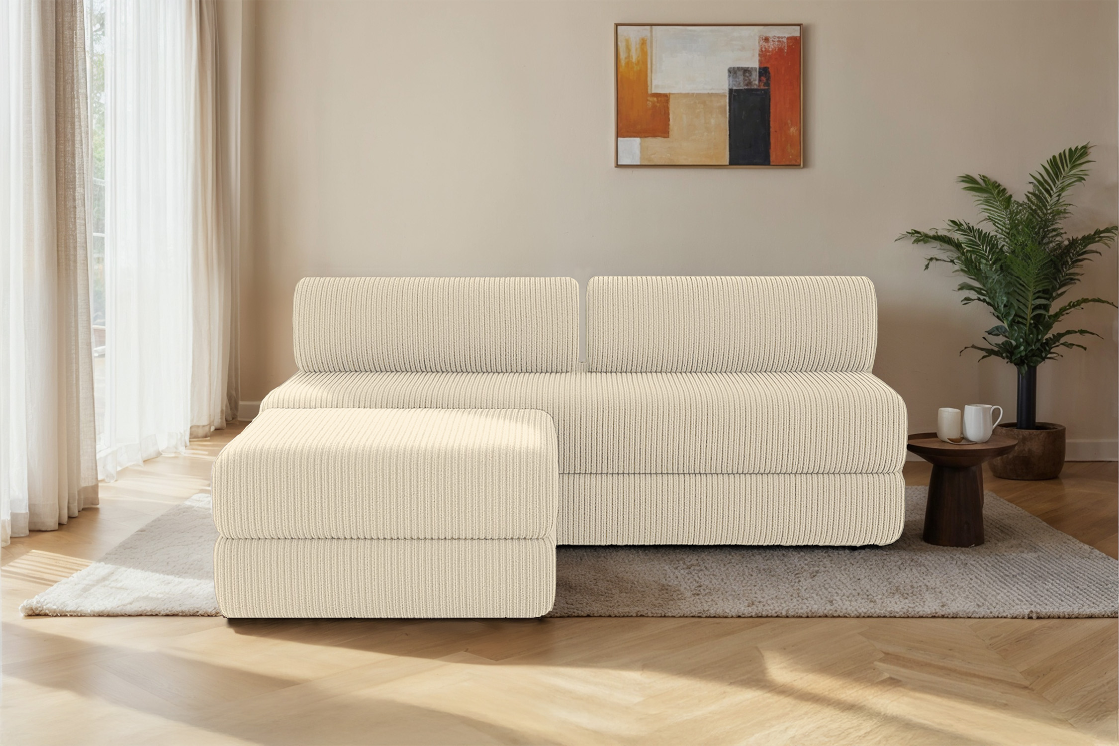 Canapé D'angle Multifonction Avec Repose-pieds Mobile Et éclairage LED - Tissu Chenille, Convertible Lit, 3 Places + Pouf