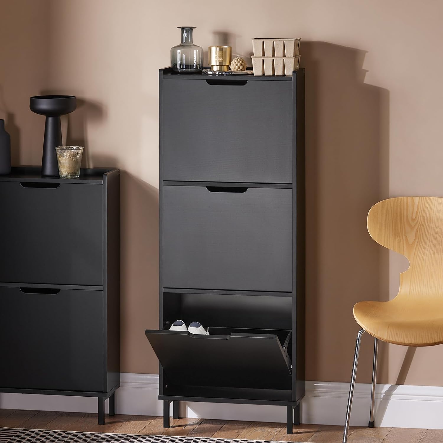 SoBuy Meuble à Chaussures Meuble de Rangement à Chaussures avec 3 Abattants Meuble d'Entrée Noir, FSR151-H-SCH - 2