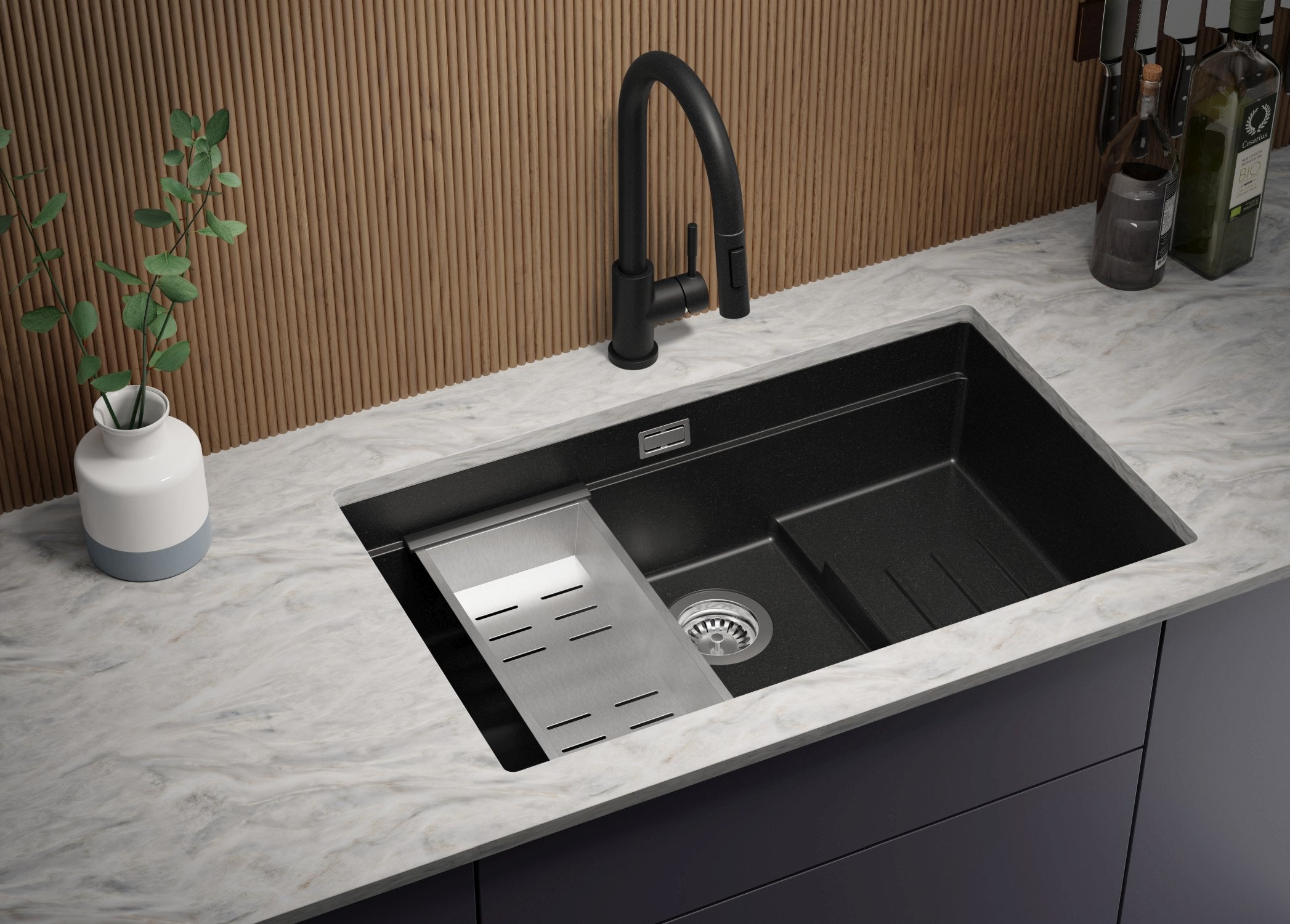 Lavandino sottotop Nero 76x47cm, Lavello in Granito a 1 vasca + Sifone Classico + Accessori, Lavabo da Cucina al mobile 80cm - Prague PRIMAGRAN - 3